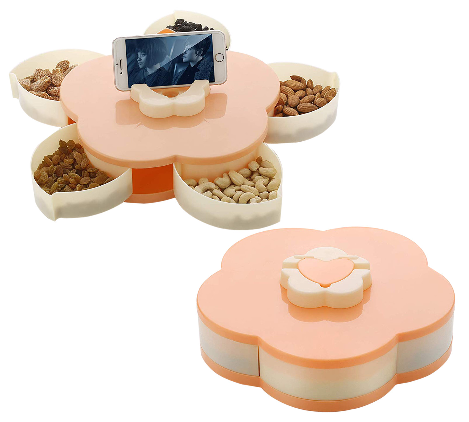 Kuber Industries 5 Compartments Flower Small Size Candy Box Serving Rotating Tray Dry Fruit, Candy, Chocolate, Snacks Storage Box, Masala Box for Home Kitchen,Cream