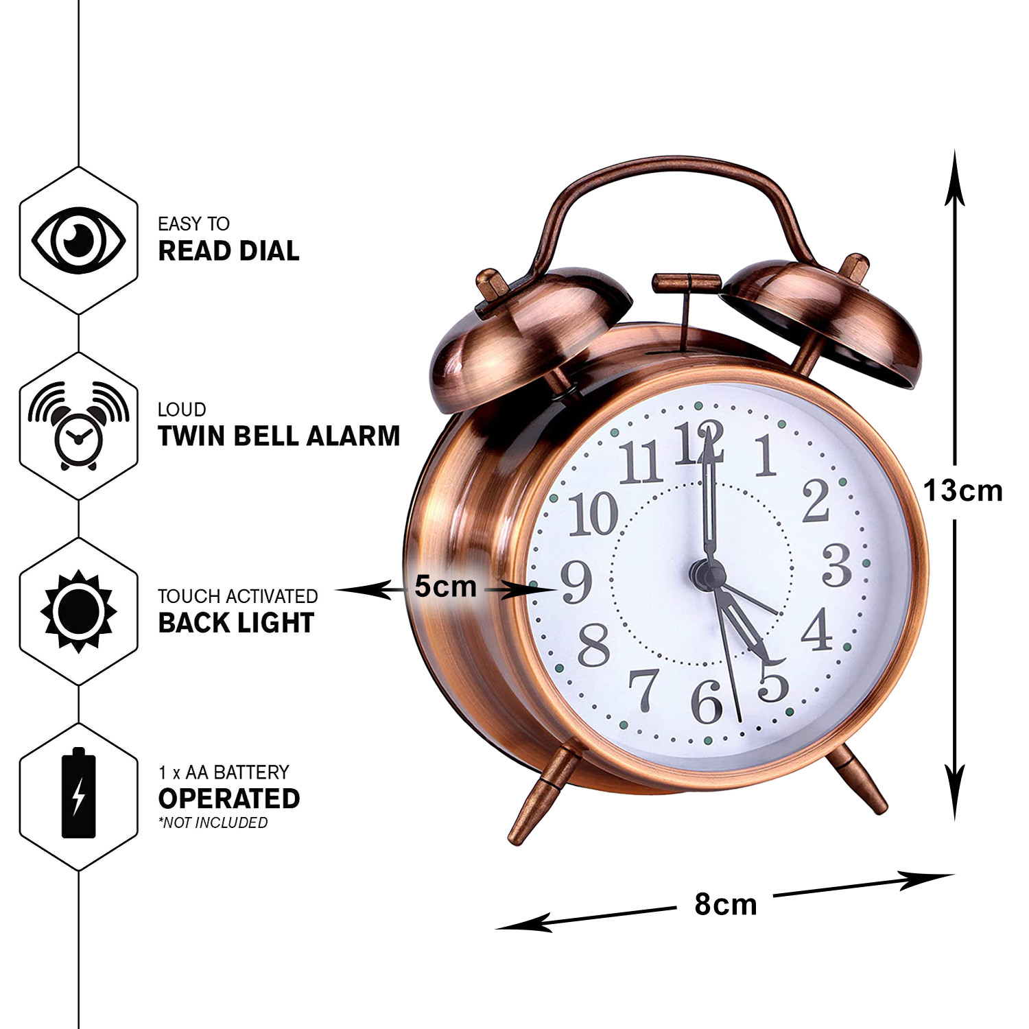 Kuber Industries Alarm Clock | Alloy Steel Table Alarm Clock | Alarm Clock for Gift | Alarm Clock with Night Display | Vintage Look Alarm Clock | Battery Operated |Copper