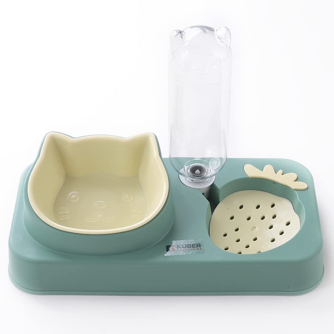 Kuber Industries Animal Feeding Plastic 2 in 1 Pet Bowls | Cat & Dog Bowl | Small/Medium Size Pet Feeding Bowl | Non-Toxic & 100% Safe for Pets (Pack of 1) | Light Green