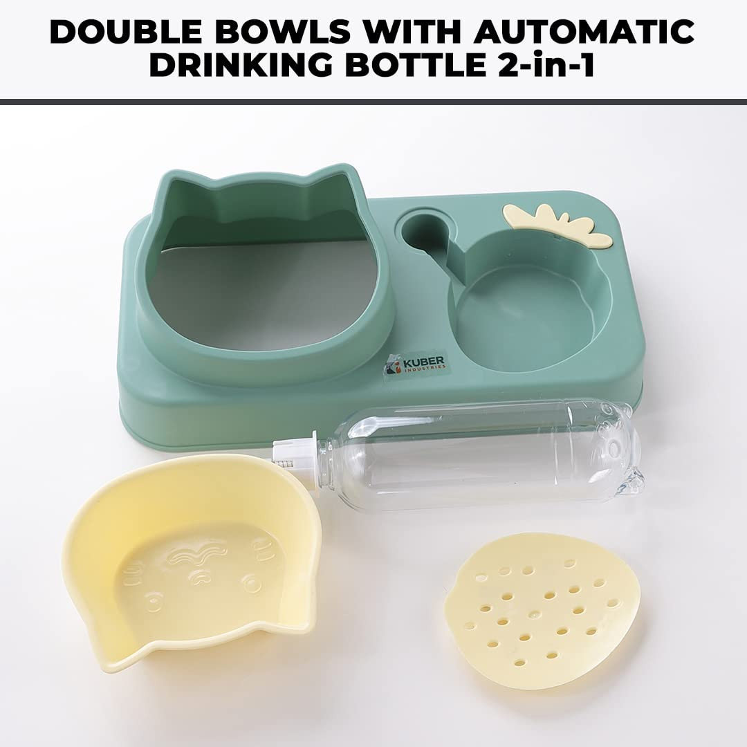 Kuber Industries Animal Feeding Plastic 2 in 1 Pet Bowls | Cat & Dog Bowl | Small/Medium Size Pet Feeding Bowl | Non-Toxic & 100% Safe for Pets (Pack of 1) | Light Green