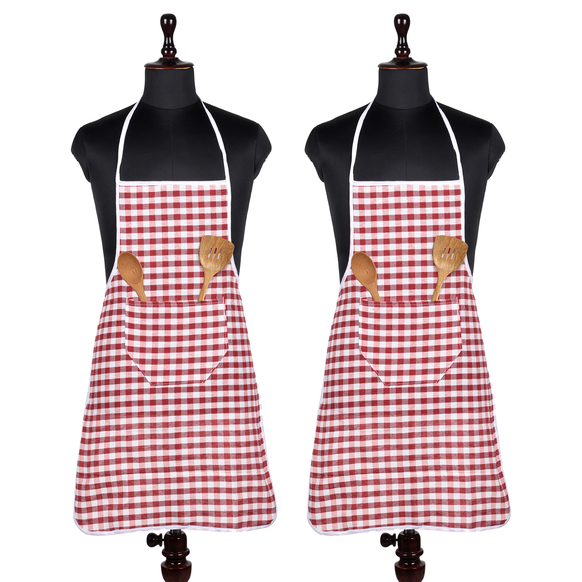 Kuber Industries Apron | Cotton Front Pocket Kitchen Apron | Check New Apron for Restaurent | Apron for Housewife | Chef Apron for Kitchen | Chef Bib Apron | Red