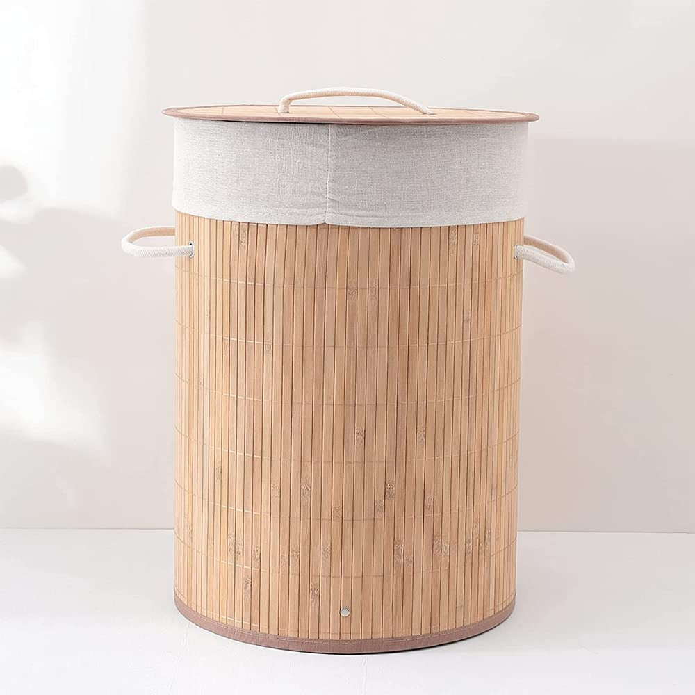 Kuber Industries Bamboo Basket With Lid|Foldable Laundry Basket For Clothes|Durable Rope Handles & Removable Bag (Natural)