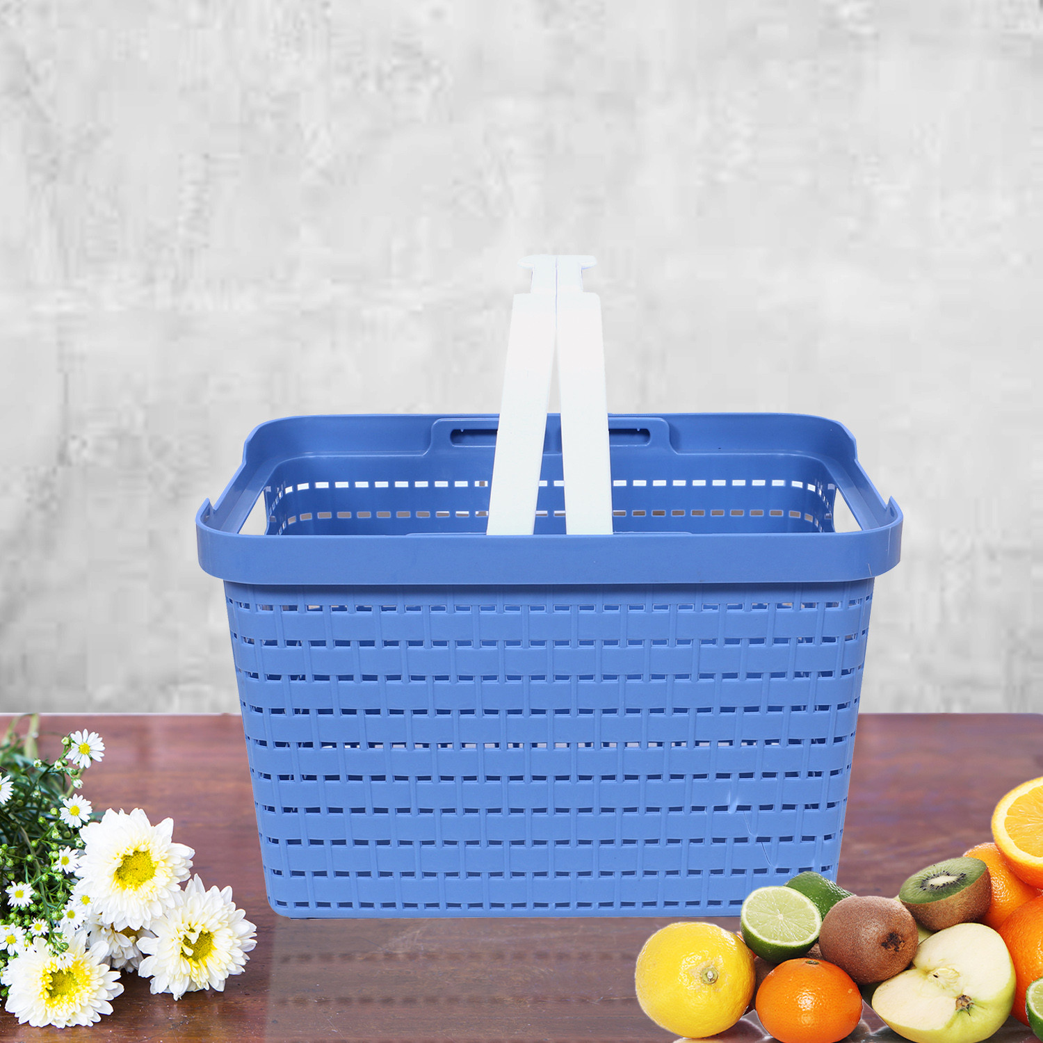 Kuber Industries Basket | Plastic Fruits Storage Basket | Picnic Storage Basket | Kitchen Storage Basket | Stationery Storage Basket | FLORA-222 | Pack of 2 | Blue & White