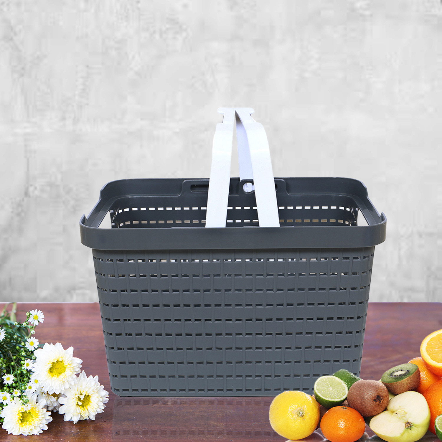 Kuber Industries Basket | Plastic Storage Basket for Fruits | Storage Basket for Picnic | Storage Basket for Kitchen | Stationery Storage Basket | FLORA-333 | Large | Gray