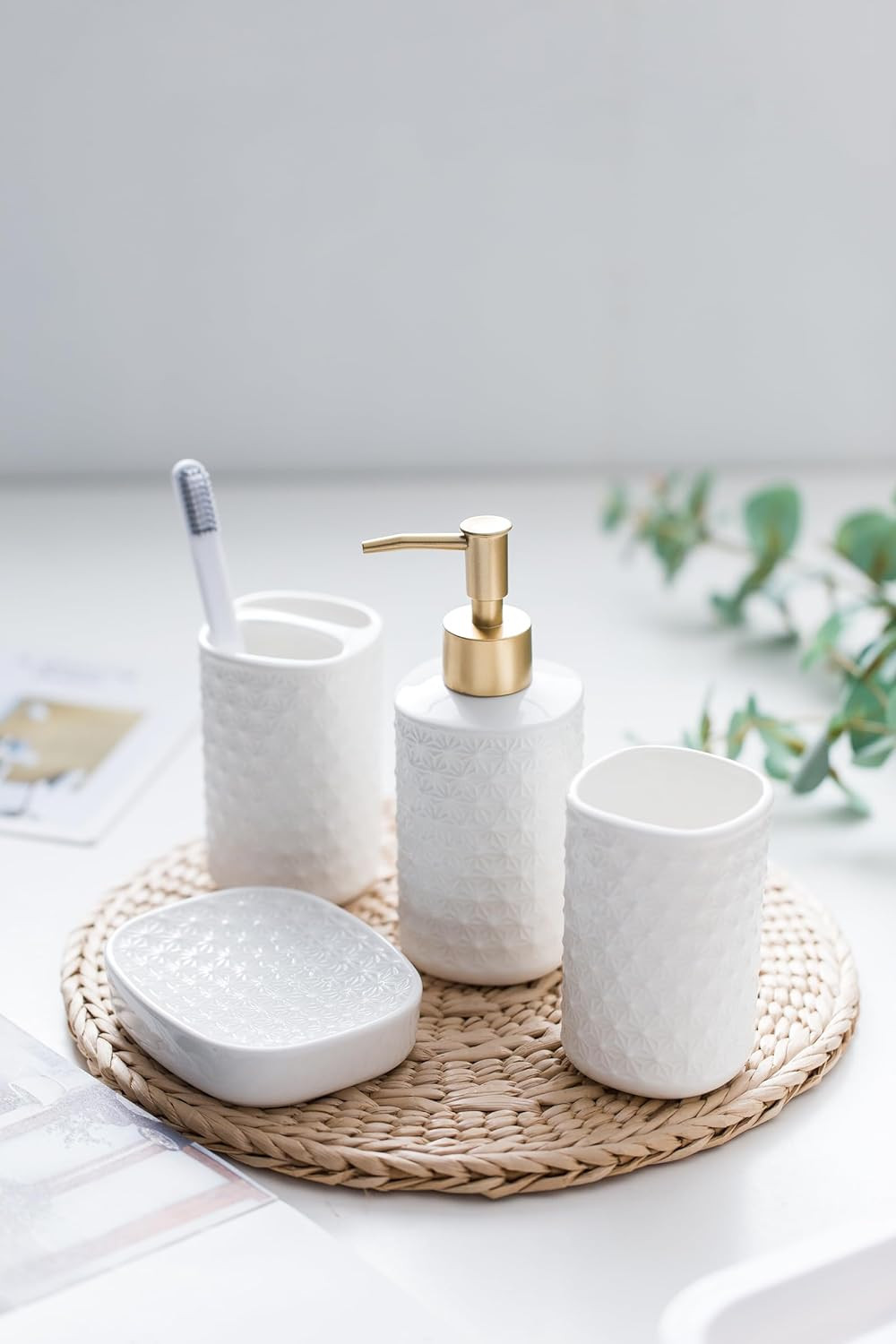 Kuber Industries Bathroom Accessories Set | Ceramic Bathroom Tooth Brush Holder | Bathroom Soap Holder Dish | Kitchen Soap Dispenser 330 ML | Water Cup 330 ML | ZX016WT-4T | Set of 4 | White