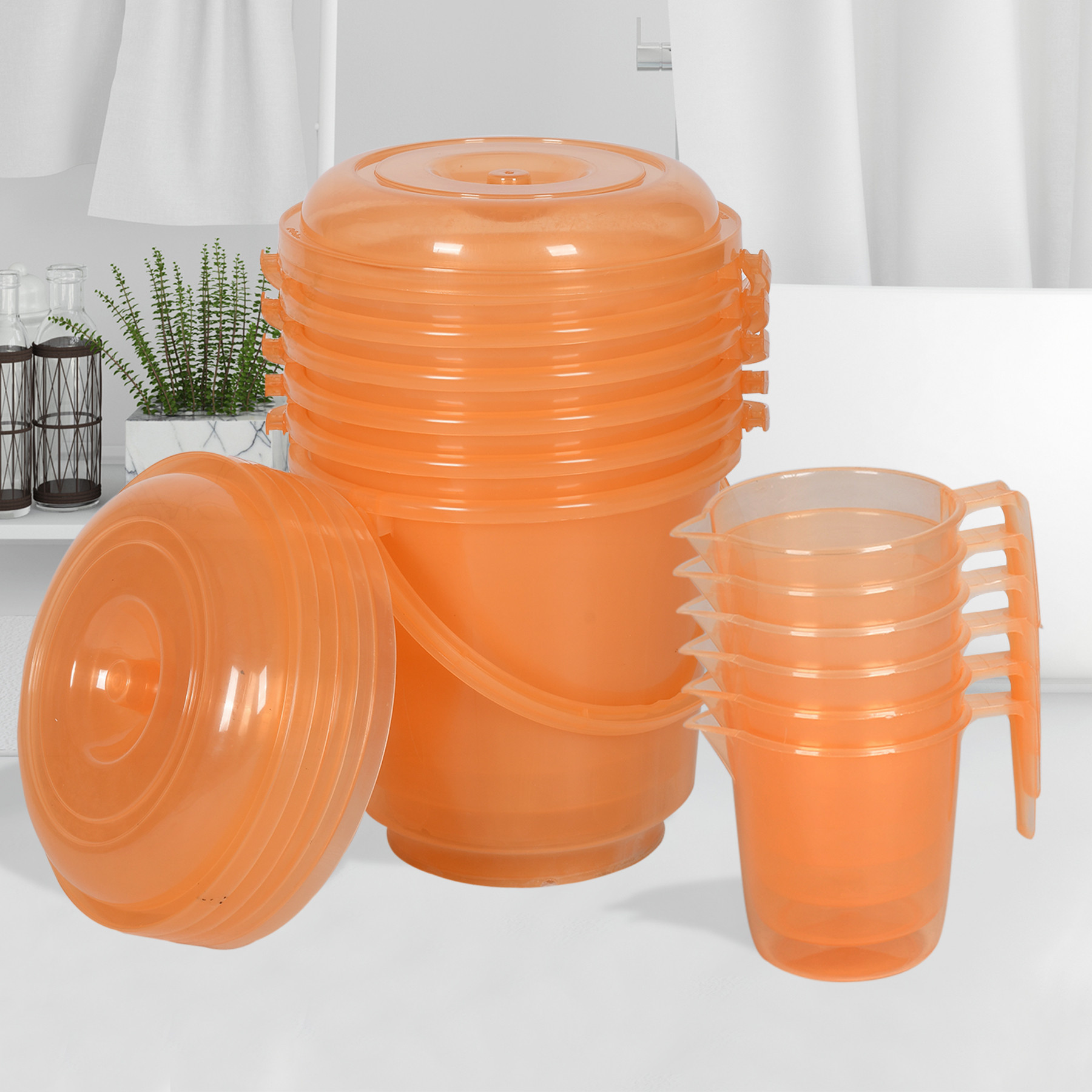 Kuber Industries Bathroom Combo Set | Bathroom Combo Set | Bucket-13 L & Mug-1100 ml Bathing Set for Bathroom | Modern Bathroom Accessories Set | Transparent Orange