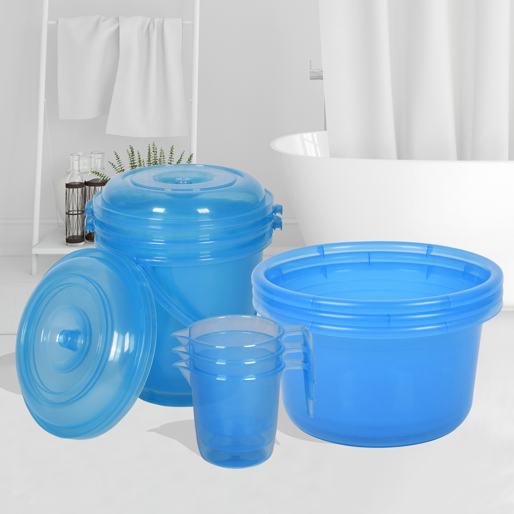 Kuber Industries Bathroom Combo Set | Bathroom Set | Tub-25 L with Bucket-13 L & Mug-1100 ml Bathing Set for Bathroom | Modern Bathroom Accessories Set | Transparent Blue