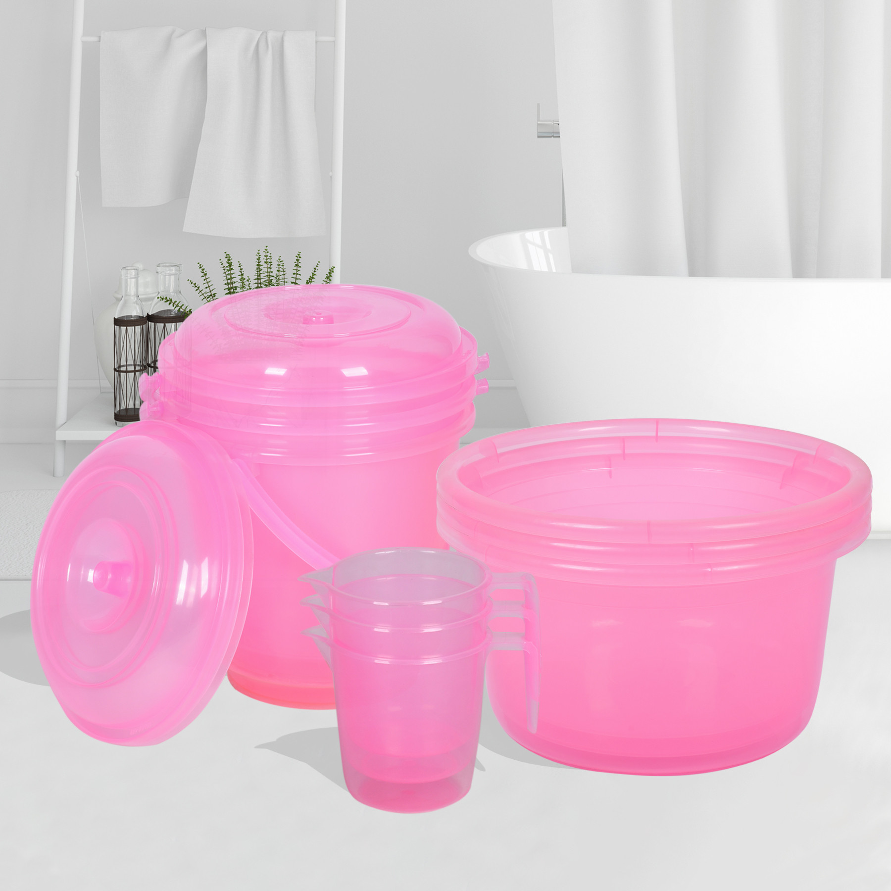 Kuber Industries Bathroom Combo Set | Bathroom Set | Tub-25 L with Bucket-13 L & Mug-1100 ml Bathing Set for Bathroom | Modern Bathroom Accessories Set | Transparent Pink