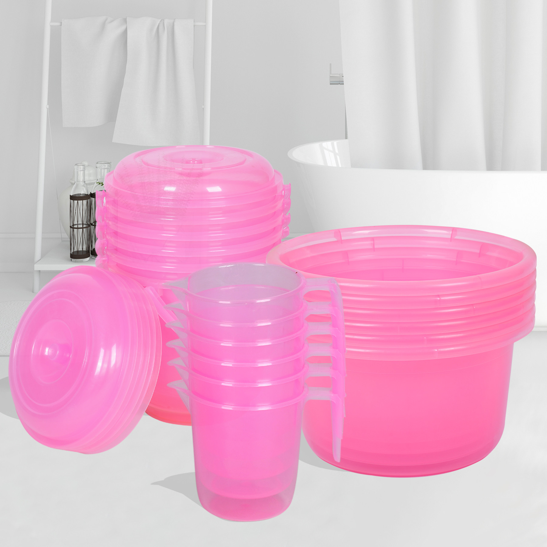 Kuber Industries Bathroom Combo Set | Bathroom Set | Tub-25 L with Bucket-13 L & Mug-1100 ml Bathing Set for Bathroom | Modern Bathroom Accessories Set | Transparent Pink