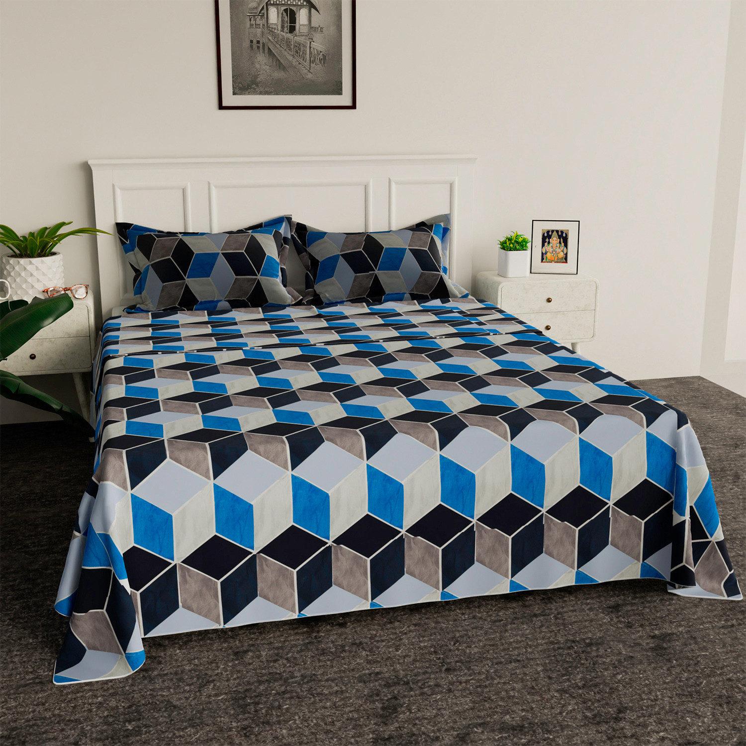 Kuber Industries Bedsheet | Cotton Double Bedsheet with 2 Pillow Covers | 144 TC Zig Zag Design Bedsheet for Bedroom | Bedsheet for Living Room | 90x100 Inch | Blue