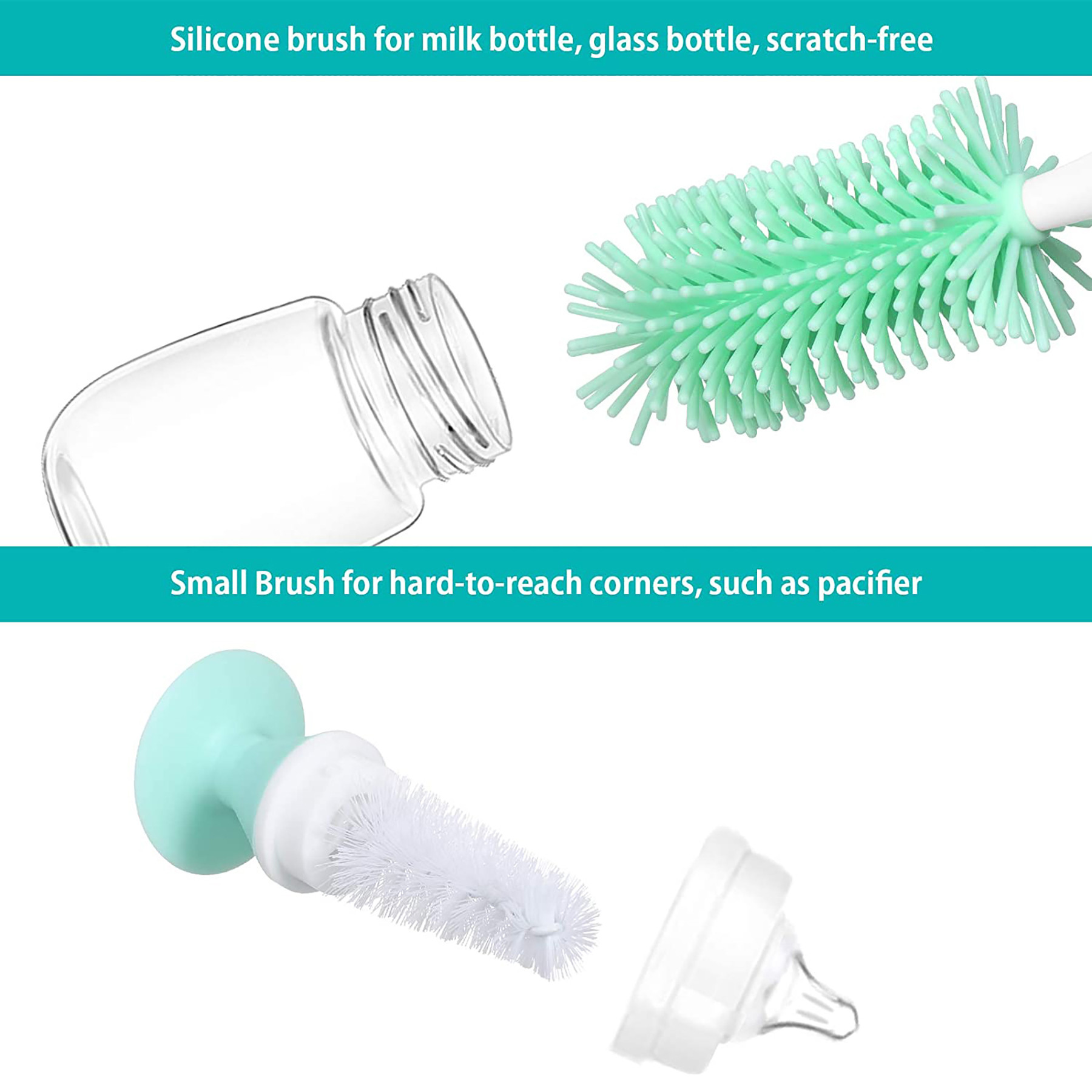 Kuber Industries Bottle Brush | Long Handle Bottle Brush | Silicone Bottle Cleaner Brush Set | Baby Feeding Bottle Cleaning Brush | Nipple Cleaner with Suction Base | Green