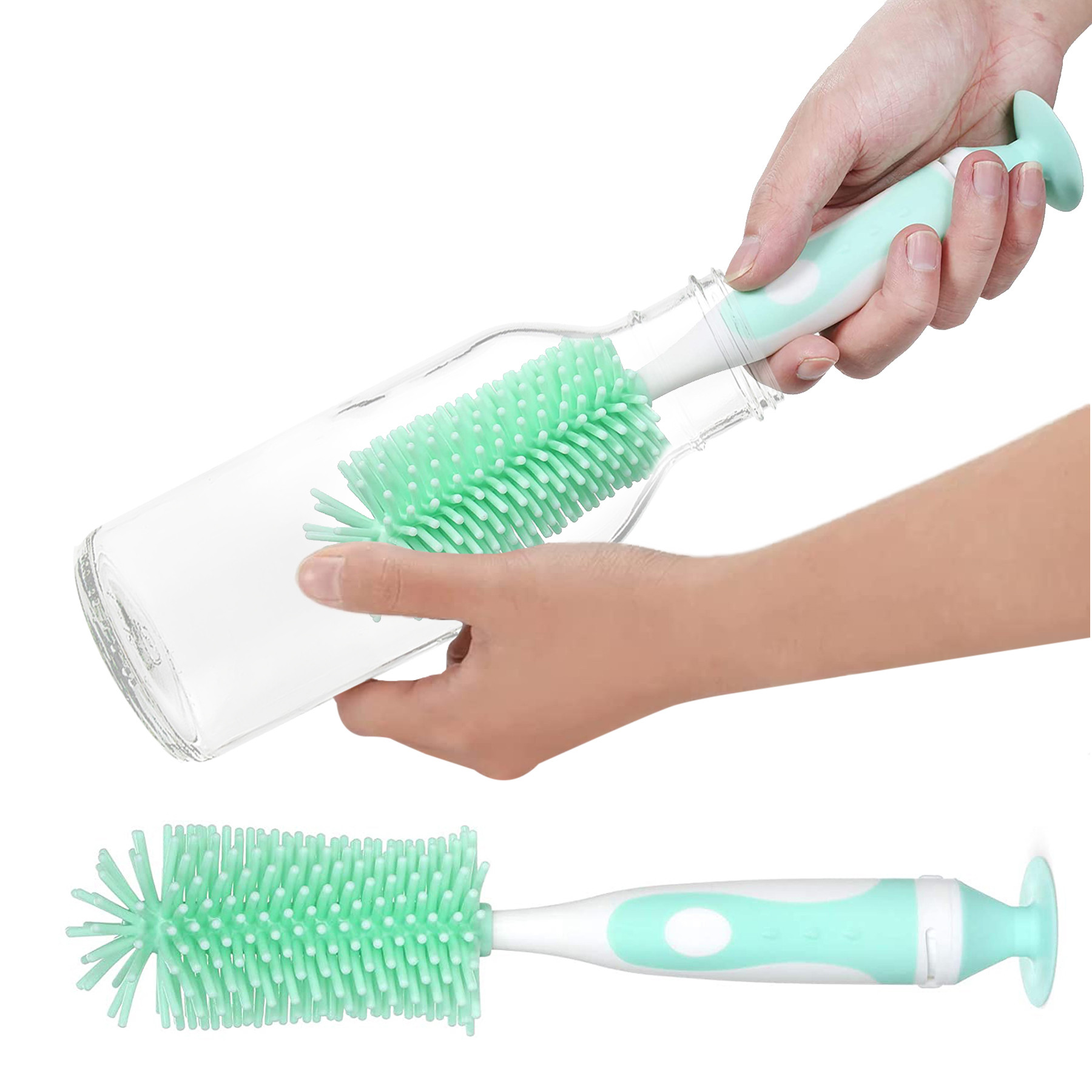 Kuber Industries Bottle Brush | Long Handle Bottle Brush | Silicone Bottle Cleaner Brush Set | Baby Feeding Bottle Cleaning Brush | Nipple Cleaner with Suction Base | Green