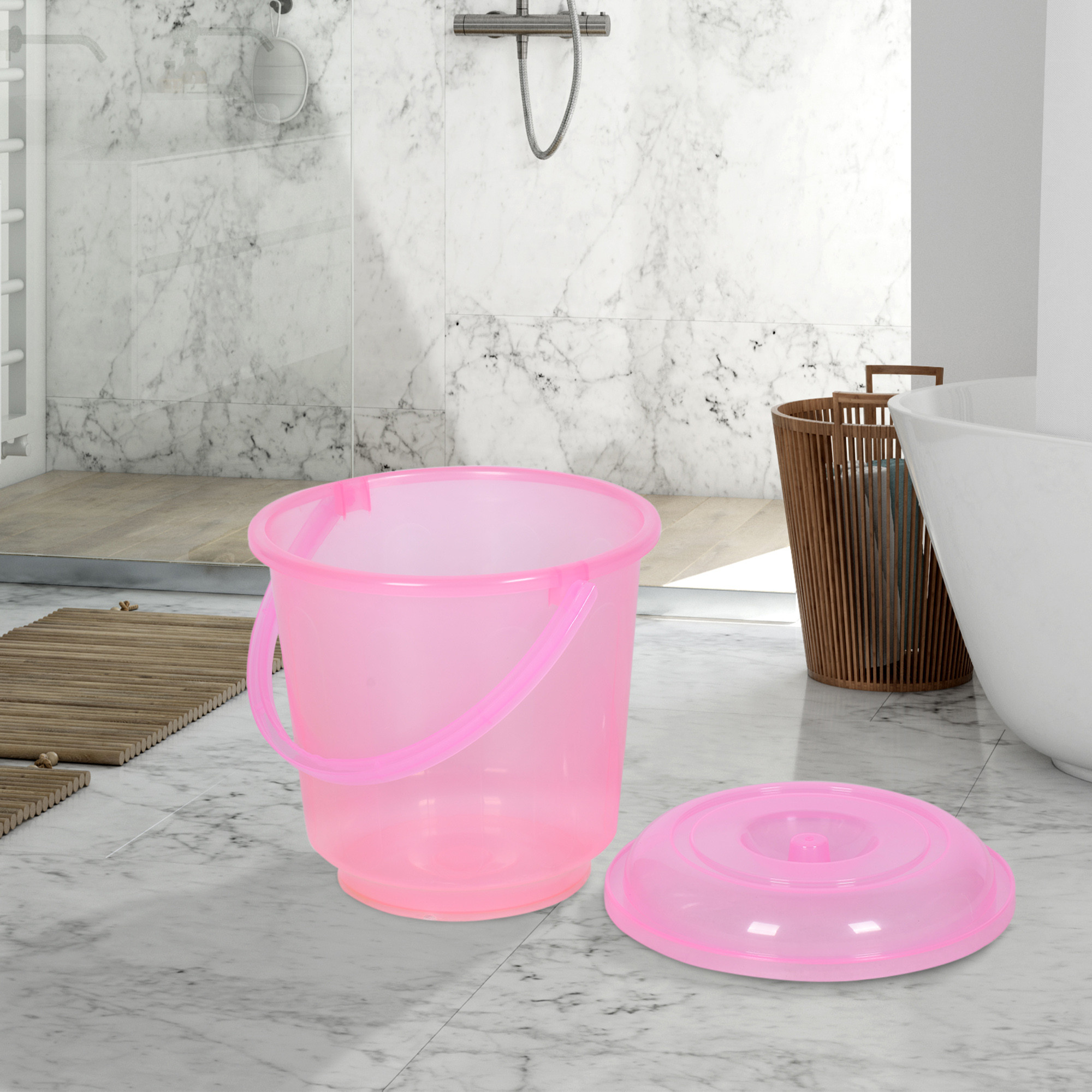 Kuber Industries Bucket | Bathroom Bucket | Utility Bucket for Daily Use | Bucket for Bathing | Water Storage Bucket | Bucket with Handle & Lid | 13 LTR | SUPER-013 | Transparent Pink