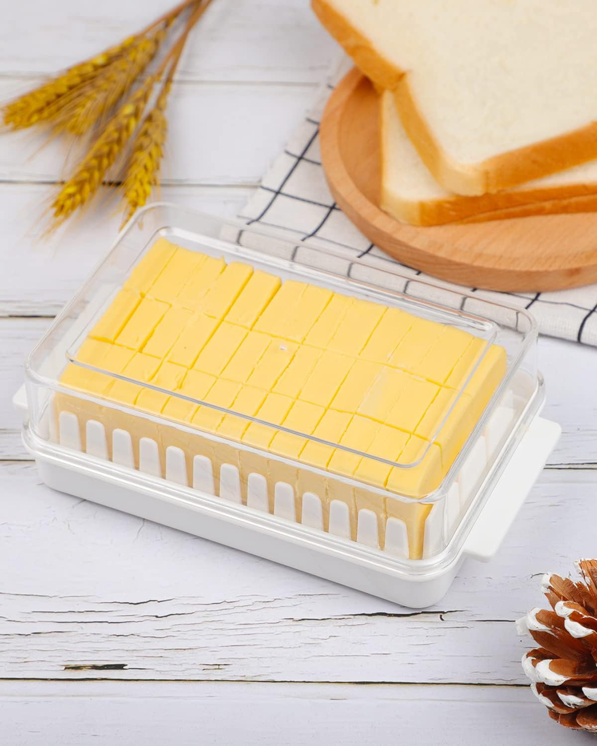 Kuber Industries Butter Box|Plastic Butter Keeper for Refrigerator|Butter Storage Box with Cutting Guide|Butter Dish with Lid For Countertop (White)