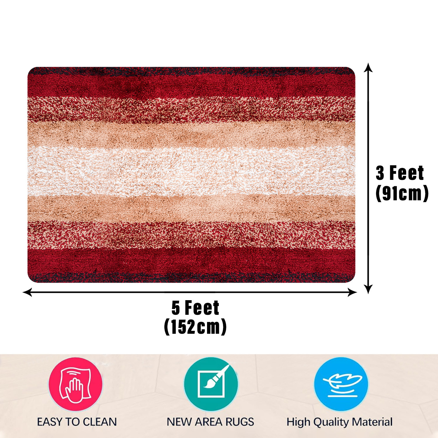 Kuber Industries Carpet | Shaggy Carpet for Living Room | Fluffy Carpet for Bedroom | Maroon Patta Rainbow Carpet | Floor Carpet Rug | Non-Slip Bedside Rug | 3x5 Feet | Cream