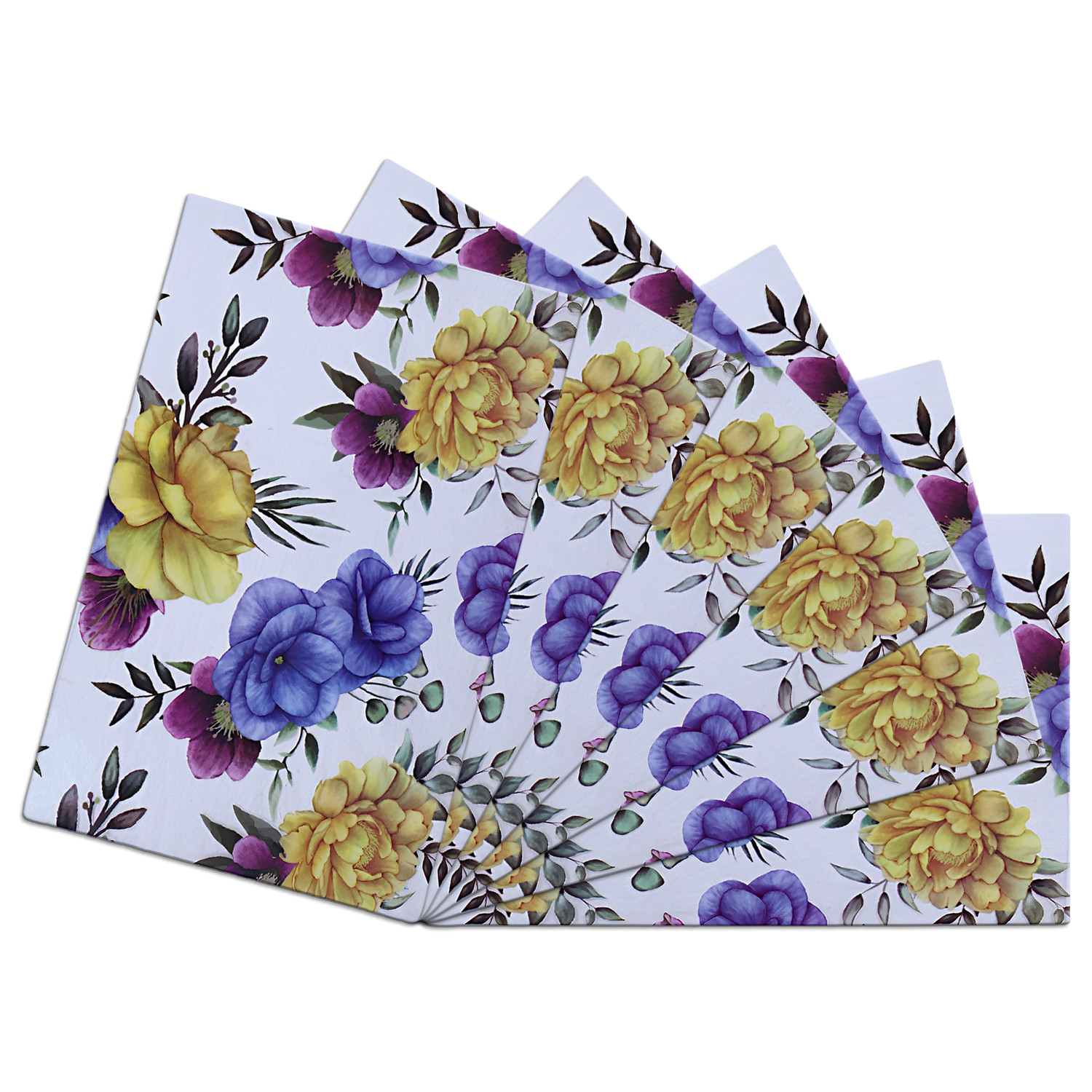 Kuber Industries Dining Table Mat | PVC 3D Yellow & Blue Flower Print | Table Mat | Placemats for Kitchen | Refrigerator Liners Mats | Shelf Liner Mat | Set of 6 | Multi