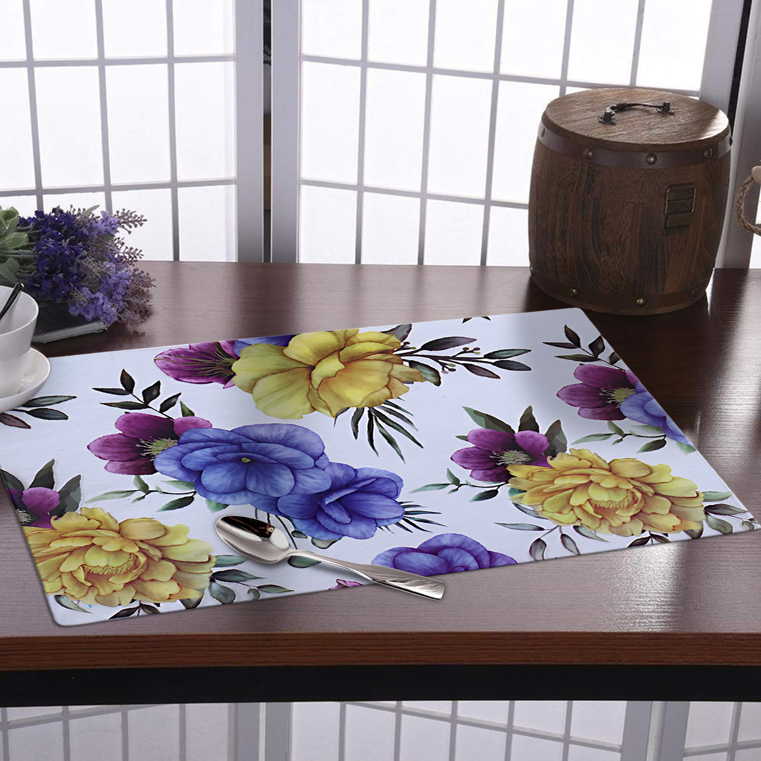 Kuber Industries Dining Table Mat | PVC 3D Yellow & Blue Flower Print | Table Mat | Placemats for Kitchen | Refrigerator Liners Mats | Shelf Liner Mat | Set of 6 | Multi