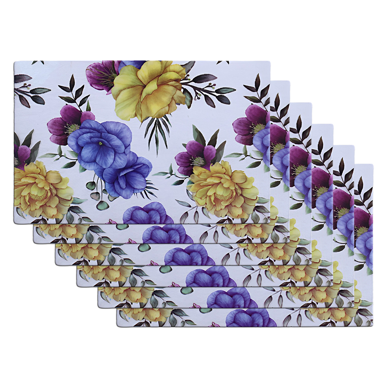 Kuber Industries Dining Table Mat | PVC 3D Yellow & Blue Flower Print | Table Mat | Placemats for Kitchen | Refrigerator Liners Mats | Shelf Liner Mat | Set of 6 | Multi