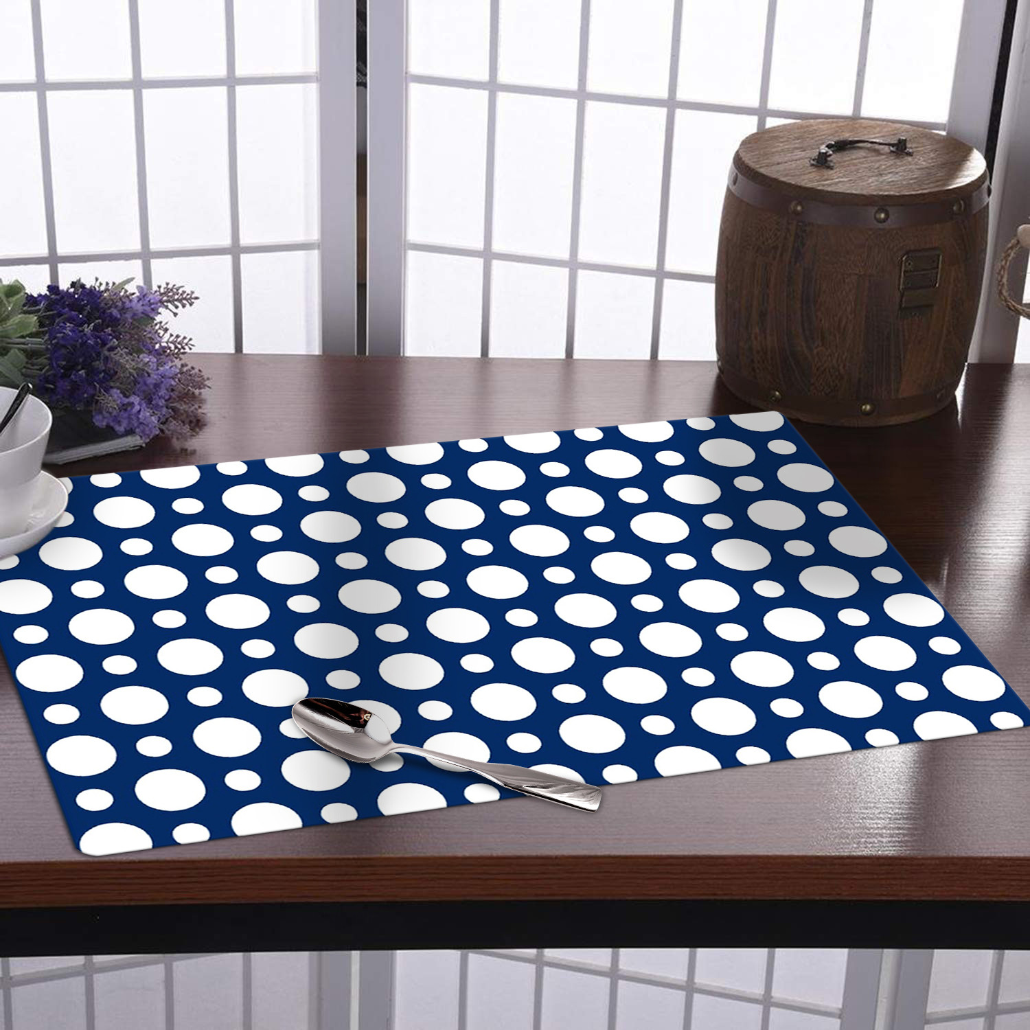 Kuber Industries Dining Table Mat | PVC Blue & White Dot Print | Table Mat | Placemats for Kitchen | Refrigerator Liners Mats | Shelf Liner Mat | Set of 6 | Multicolor