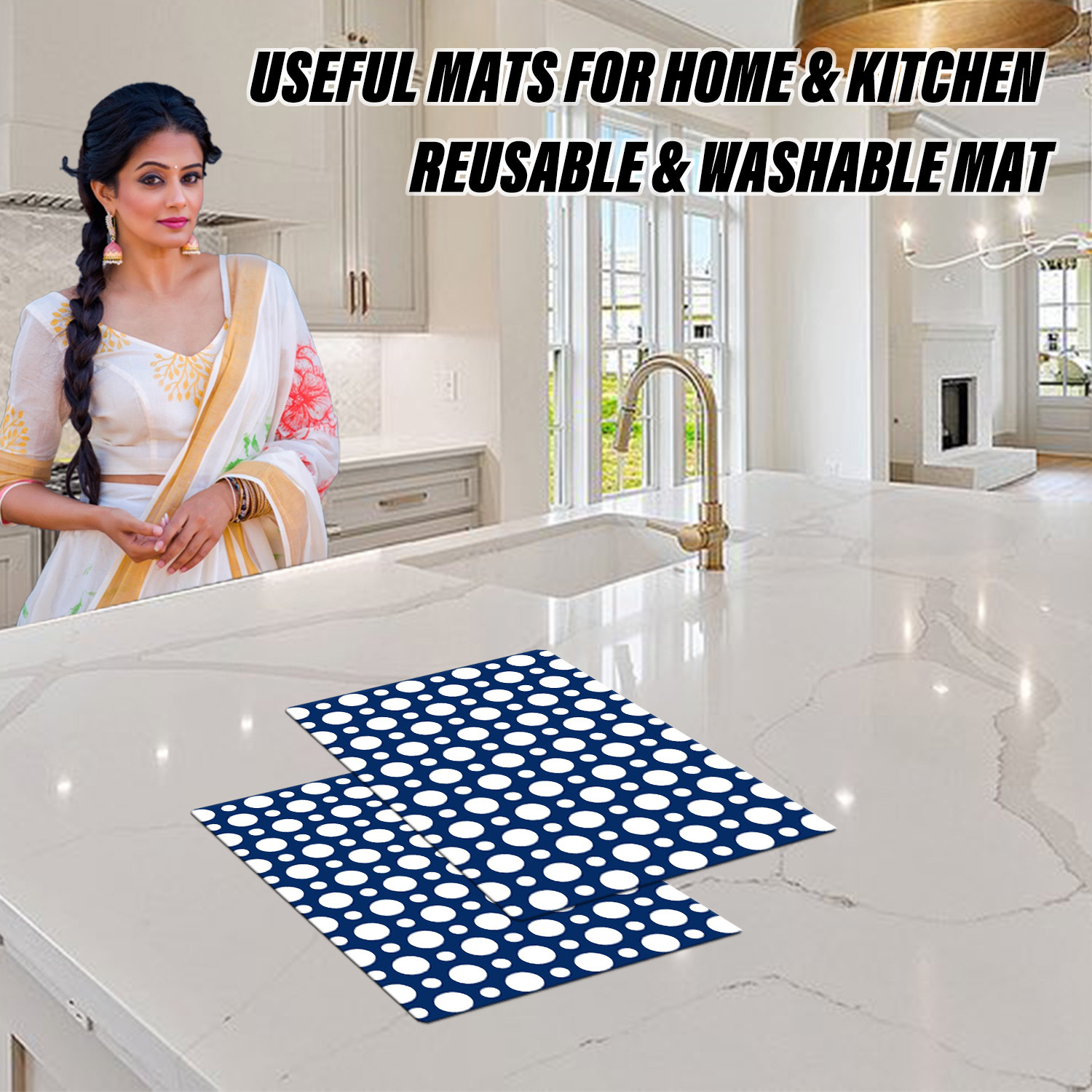 Kuber Industries Dining Table Mat | PVC Blue & White Dot Print | Table Mat | Placemats for Kitchen | Refrigerator Liners Mats | Shelf Liner Mat | Set of 6 | Multicolor