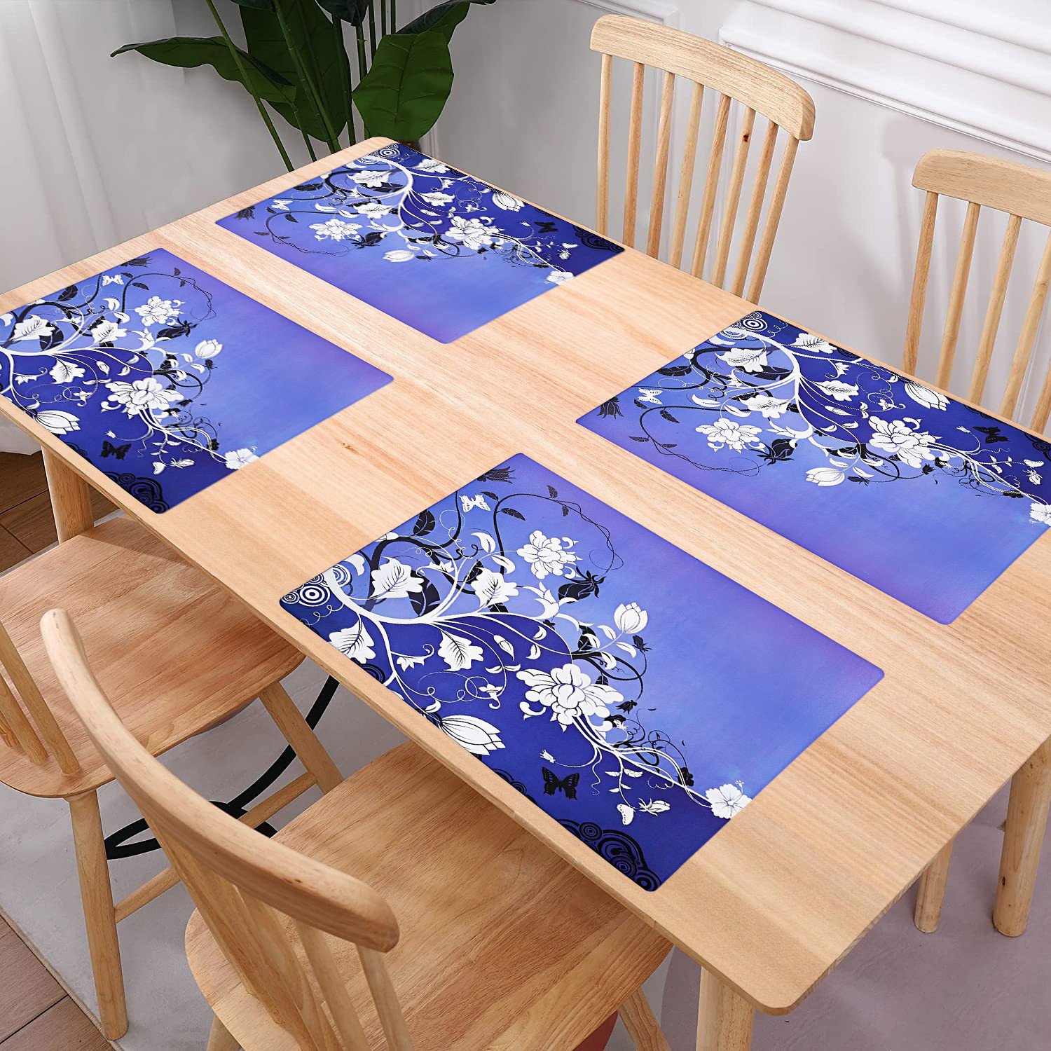Kuber Industries Dining Table Mat | PVC Blue & White Flower Print | Table Mat | Placemats for Kitchen | Refrigerator Liners Mats | Shelf Liner Mat | Set of 6 | Multicolor