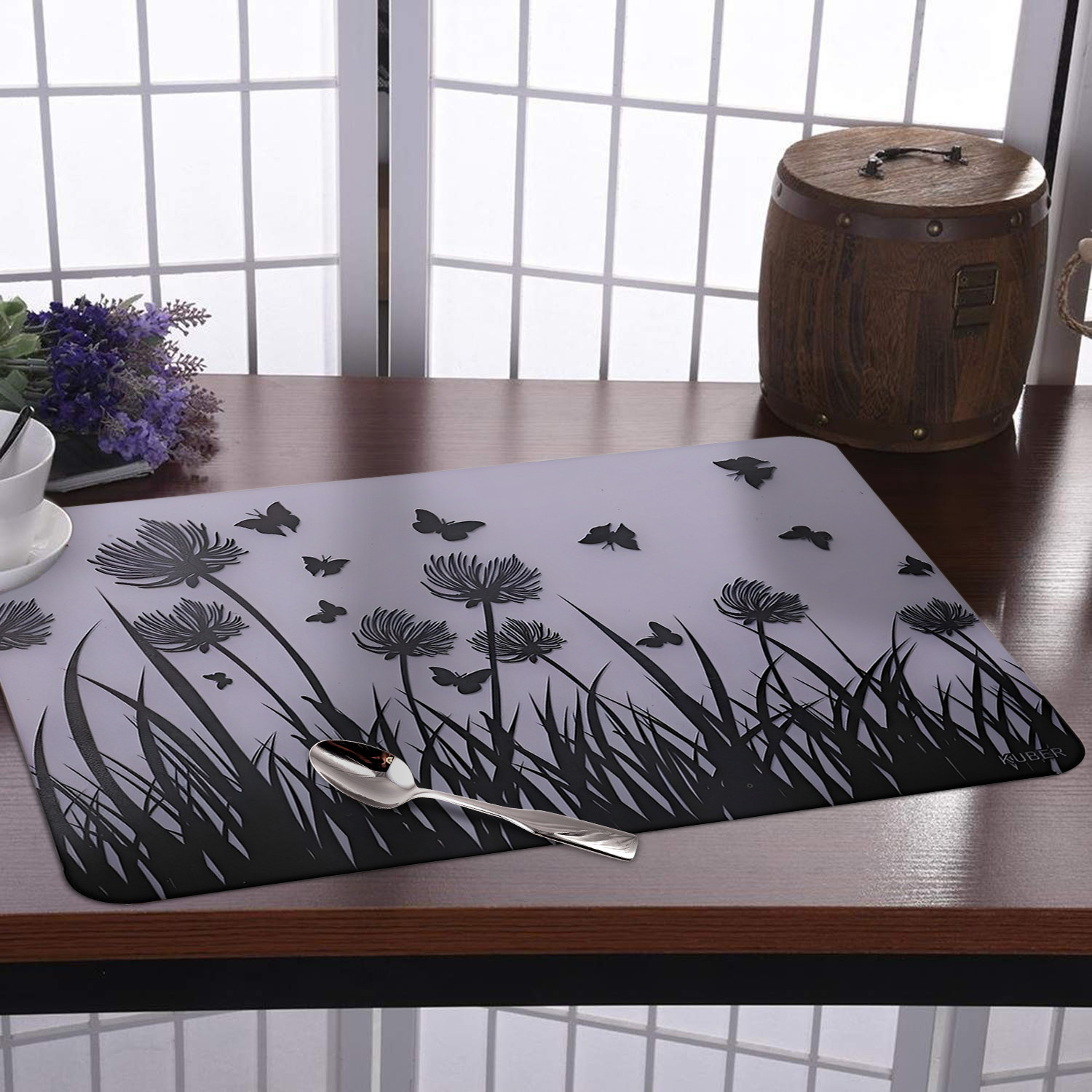 Kuber Industries Dining Table Mat | PVC Butterfly Trees Print | Table Mat | Placemats for Kitchen | Refrigerator Liners Mats | Shelf Liner Mat | Set of 6 | White