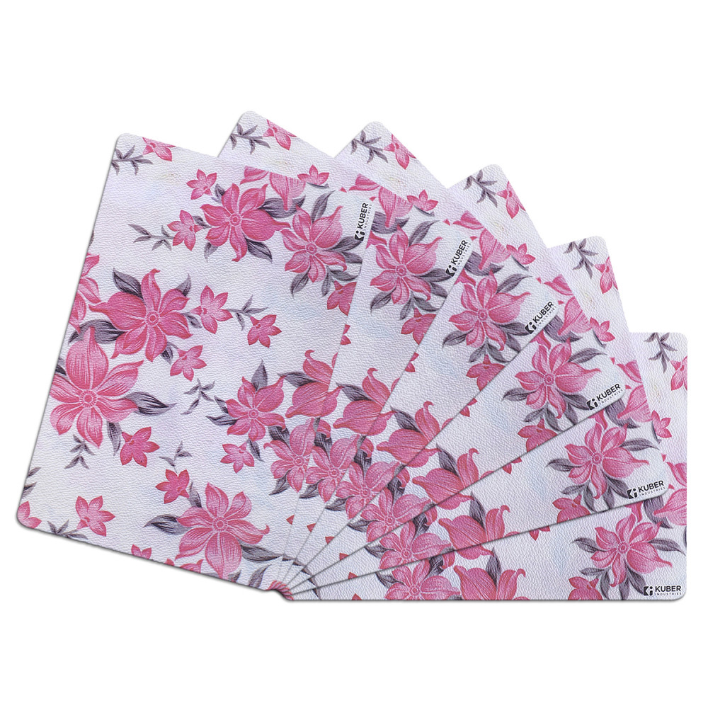 Kuber Industries Dining Table Mat | PVC Cream &amp; Pink Flower Print | Table Mat | Placemats for Kitchen | Refrigerator Liners Mats | Shelf Liner Mat | Set of 6 | Multicolor