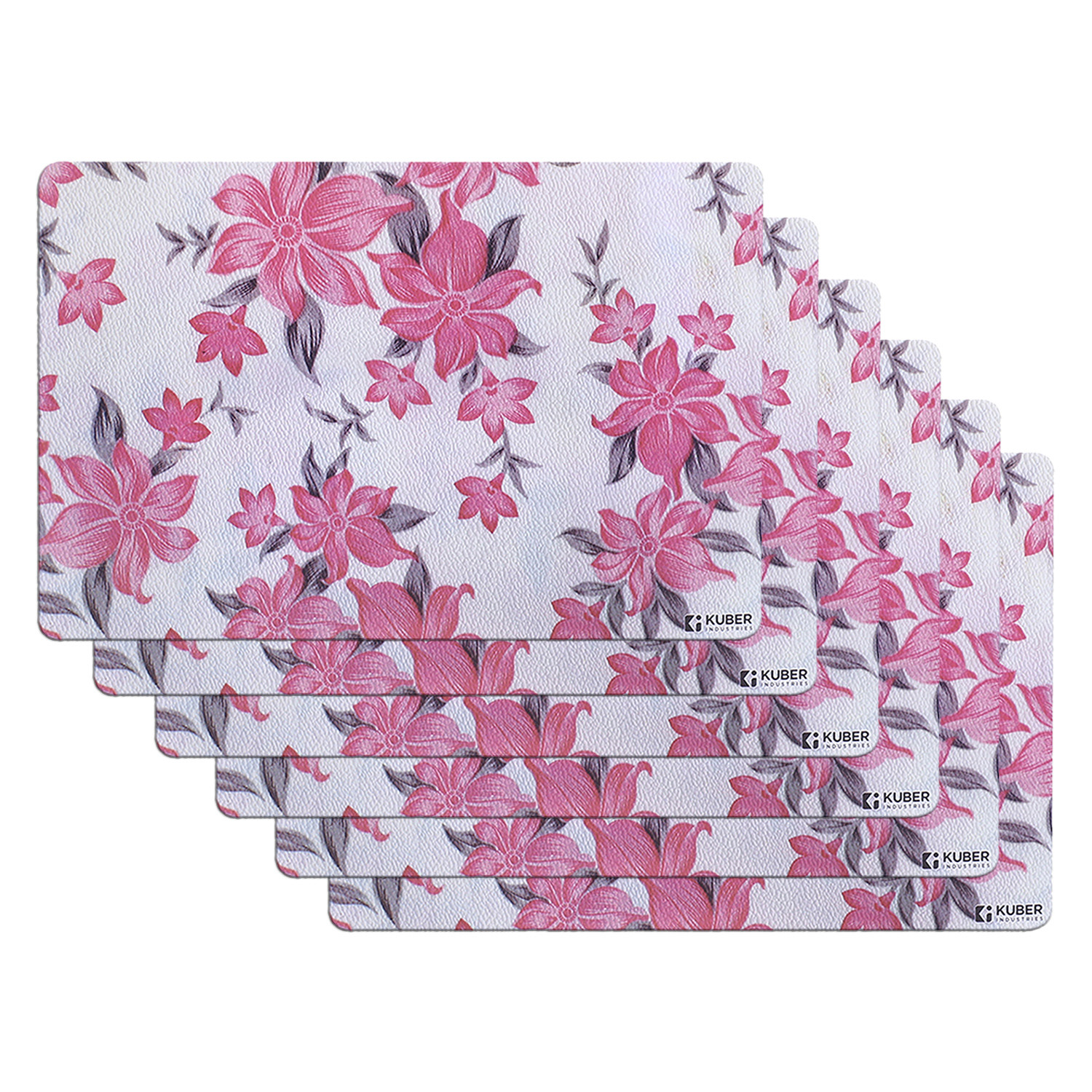 Kuber Industries Dining Table Mat | PVC Cream & Pink Flower Print | Table Mat | Placemats for Kitchen | Refrigerator Liners Mats | Shelf Liner Mat | Set of 6 | Multicolor