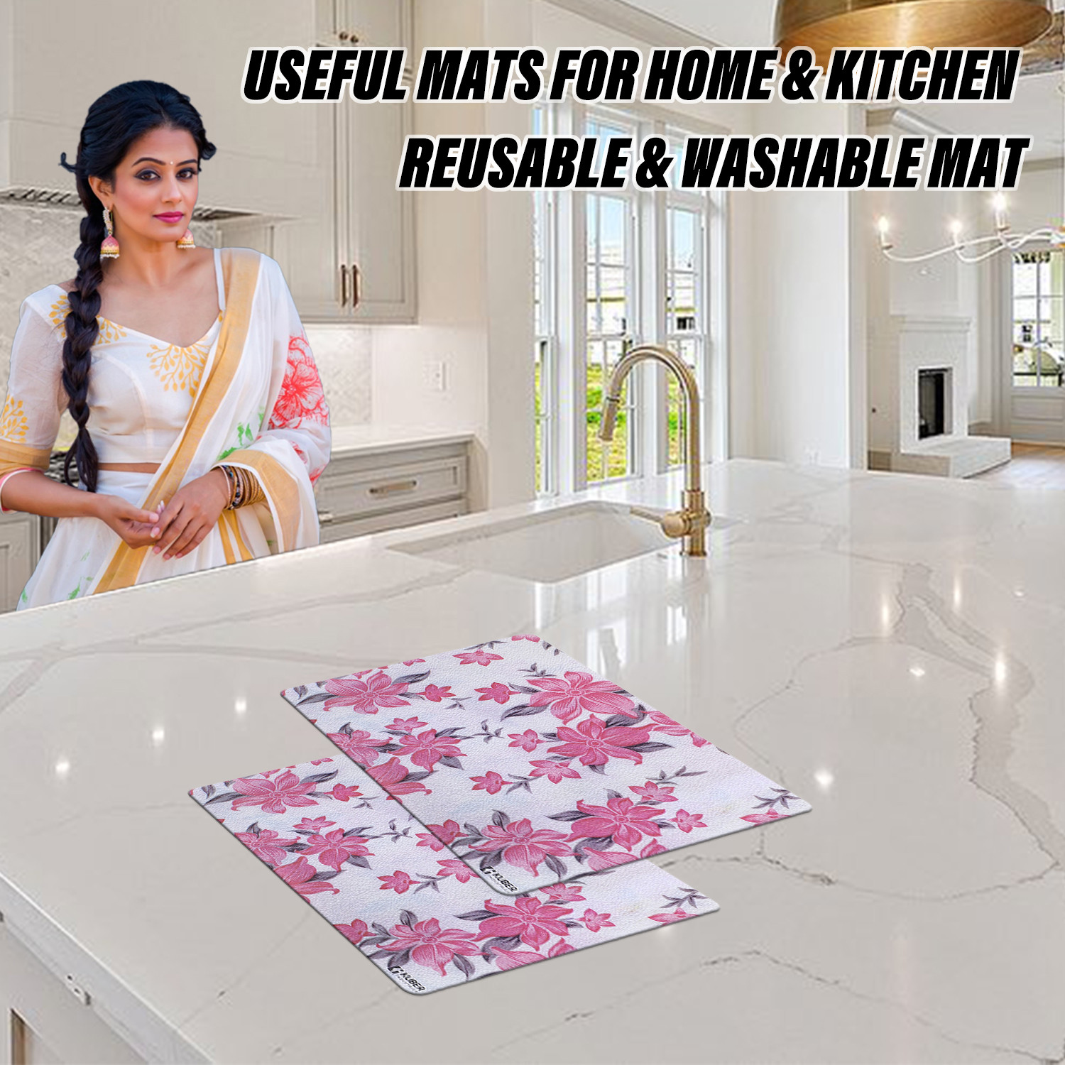 Kuber Industries Dining Table Mat | PVC Cream & Pink Flower Print | Table Mat | Placemats for Kitchen | Refrigerator Liners Mats | Shelf Liner Mat | Set of 6 | Multicolor