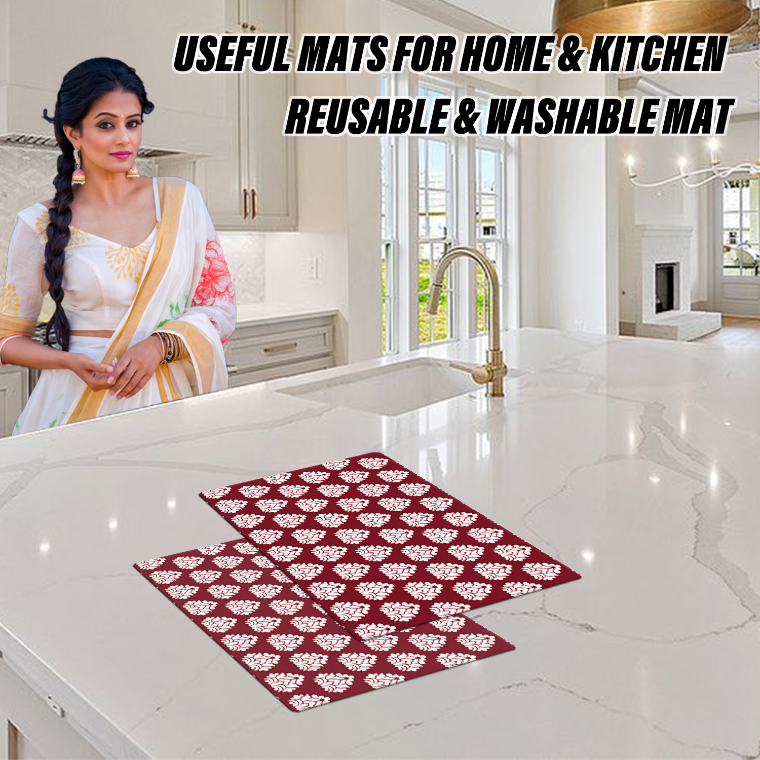 Kuber Industries Dining Table Mat | PVC Maroon Square Print | Table Mat | Placemats for Kitchen | Refrigerator Liners Mats | Shelf Liner Mat | Set of 6 | Maroon