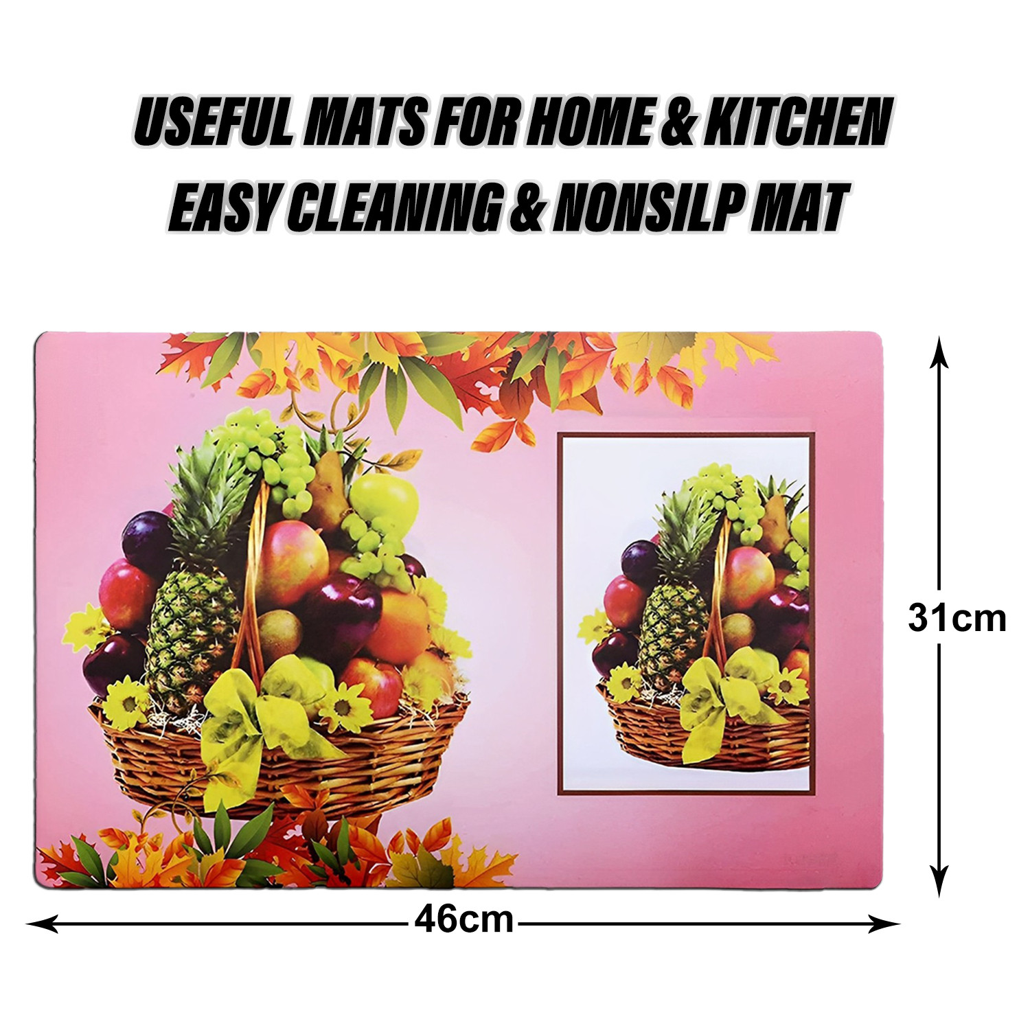Kuber Industries Dining Table Mat | PVC Pink Fruit Basket Print | Table Mat | Placemats for Kitchen | Refrigerator Liners Mats | Shelf Liner Mat | Set of 6 | Pink
