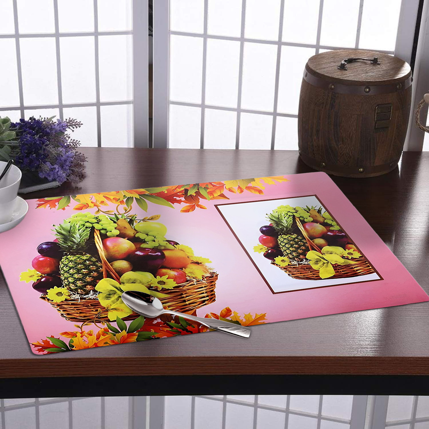 Kuber Industries Dining Table Mat | PVC Pink Fruit Basket Print | Table Mat | Placemats for Kitchen | Refrigerator Liners Mats | Shelf Liner Mat | Set of 6 | Pink
