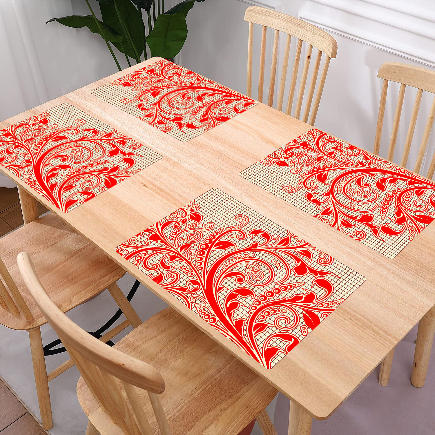 Kuber Industries Dining Table Mat | PVC Red Leaf Print | Table Mat | Placemats for Kitchen | Refrigerator Liners Mats | Shelf Liner Mat | Set of 6 | Red