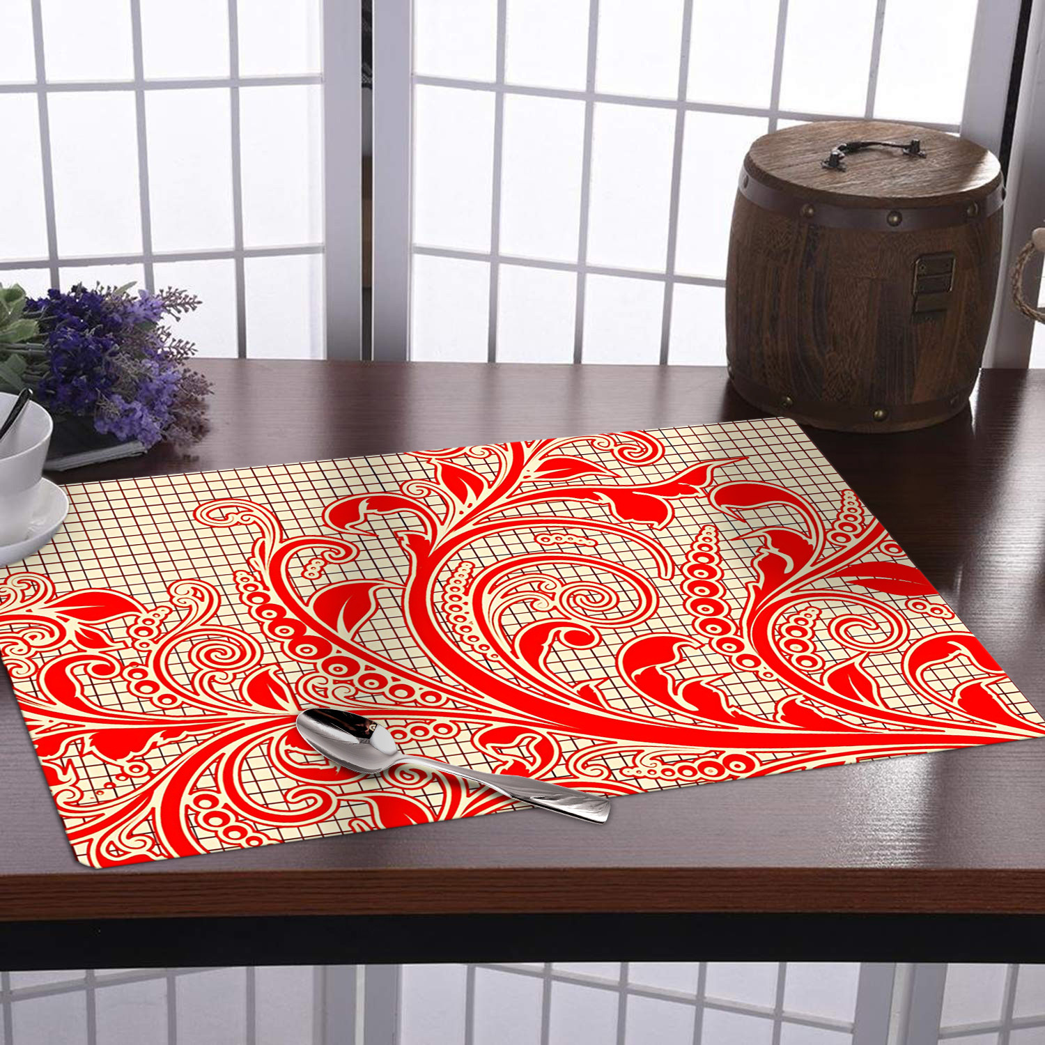 Kuber Industries Dining Table Mat | PVC Red Leaf Print | Table Mat | Placemats for Kitchen | Refrigerator Liners Mats | Shelf Liner Mat | Set of 6 | Red