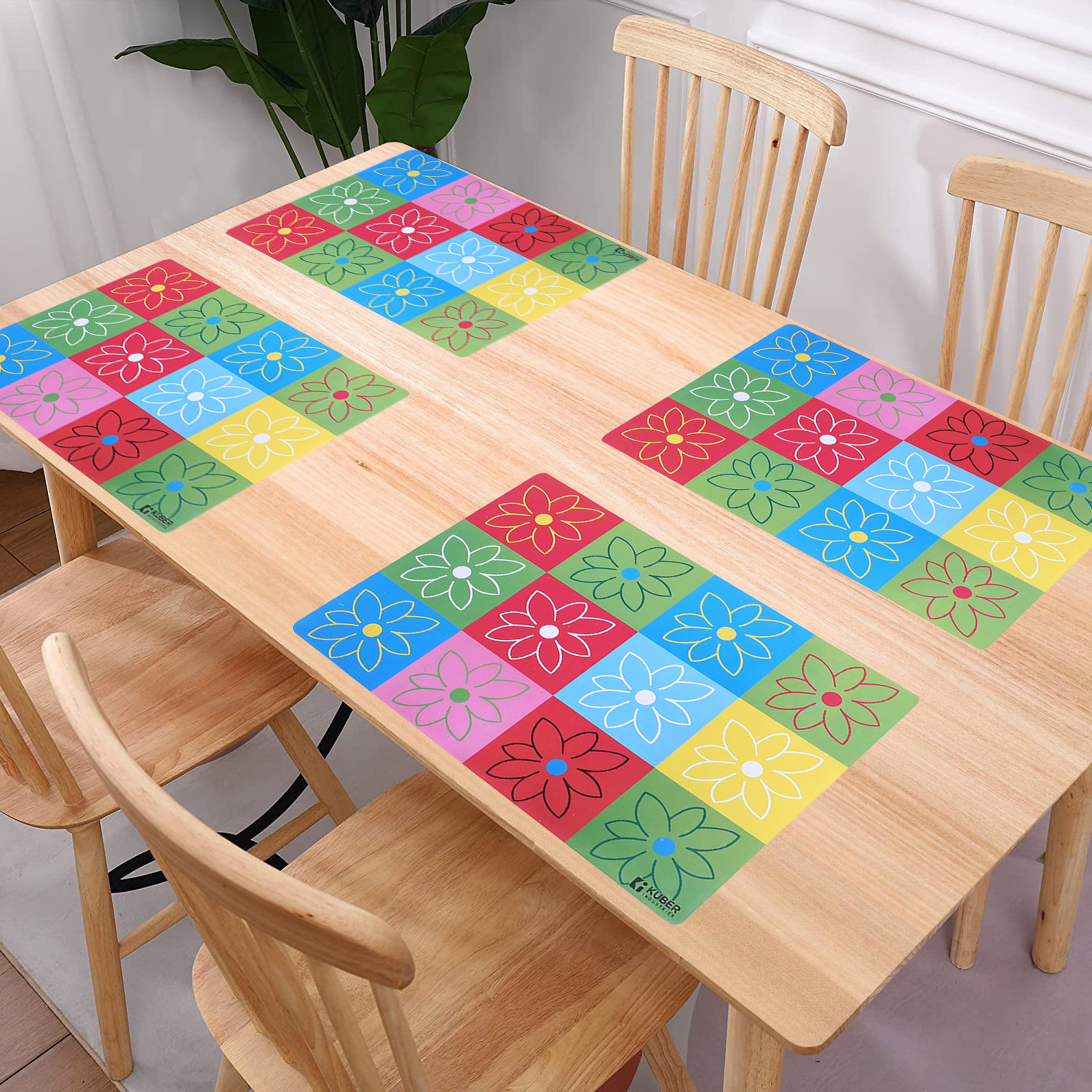 Kuber Industries Dining Table Mat | PVC Yellow Check Flower Print | Table Mat | Placemats for Kitchen | Refrigerator Liners Mats | Shelf Liner Mat | Set of 6 | Multicolor