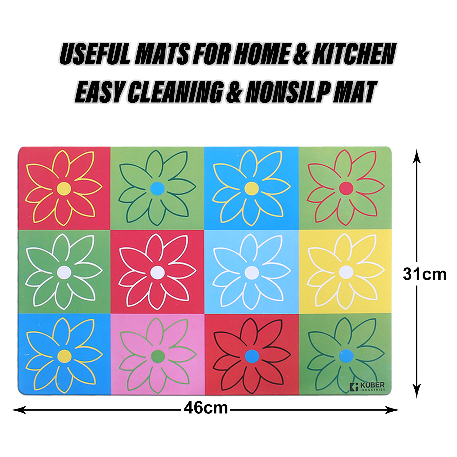 Kuber Industries Dining Table Mat | PVC Yellow Check Flower Print | Table Mat | Placemats for Kitchen | Refrigerator Liners Mats | Shelf Liner Mat | Set of 6 | Multicolor