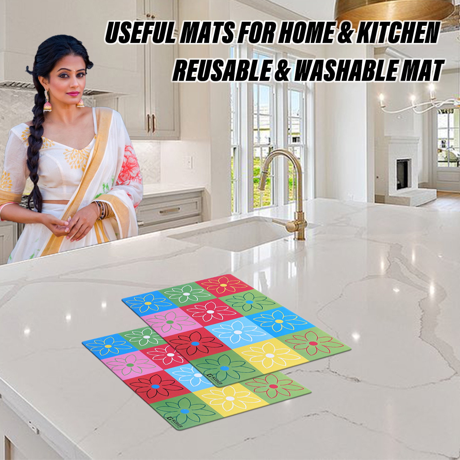 Kuber Industries Dining Table Mat | PVC Yellow Check Flower Print | Table Mat | Placemats for Kitchen | Refrigerator Liners Mats | Shelf Liner Mat | Set of 6 | Multicolor