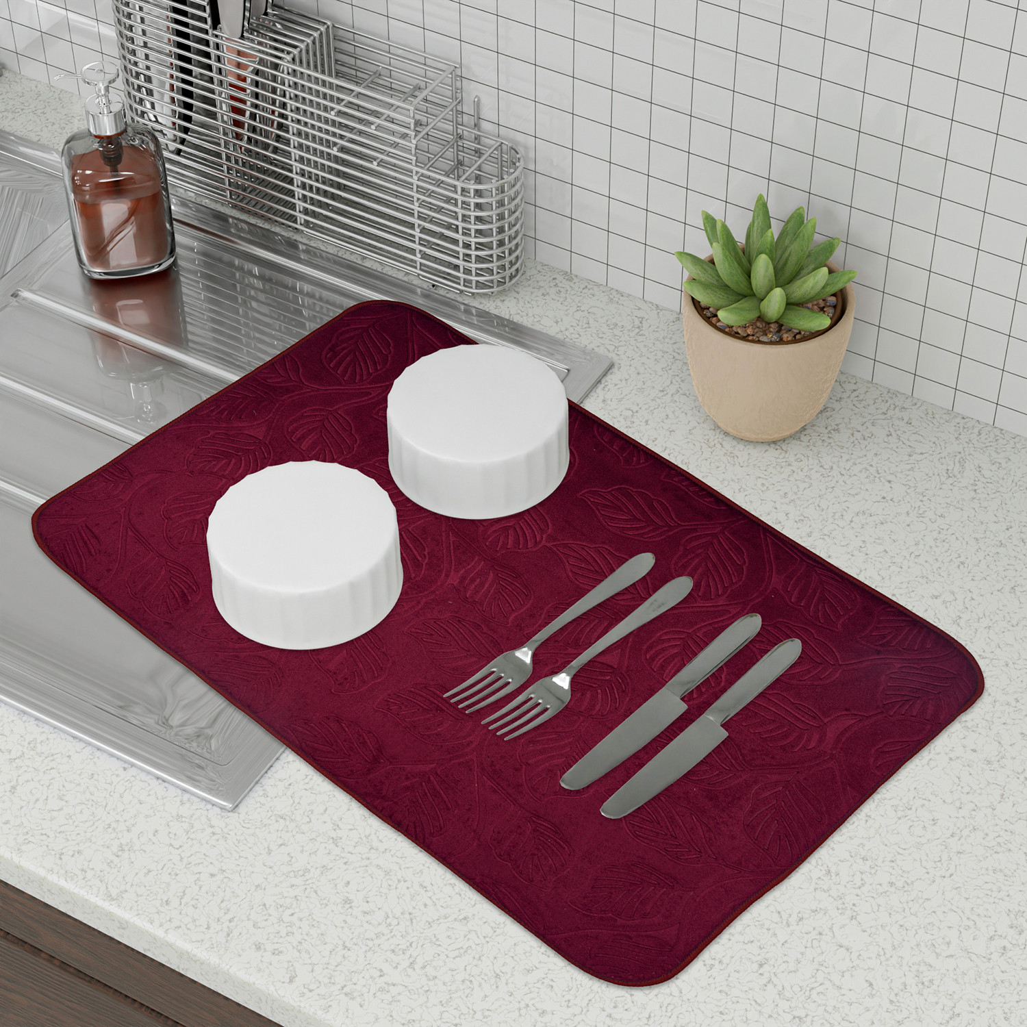 Kuber Industries Dish Dry Mat | Microfiber Self Drying Mat | Kitchen Drying Mat | Water Absorbent Kitchen Mat | Embossed Dish Dry Mat | 38x50 | Pack of 2 | Maroon & Brown