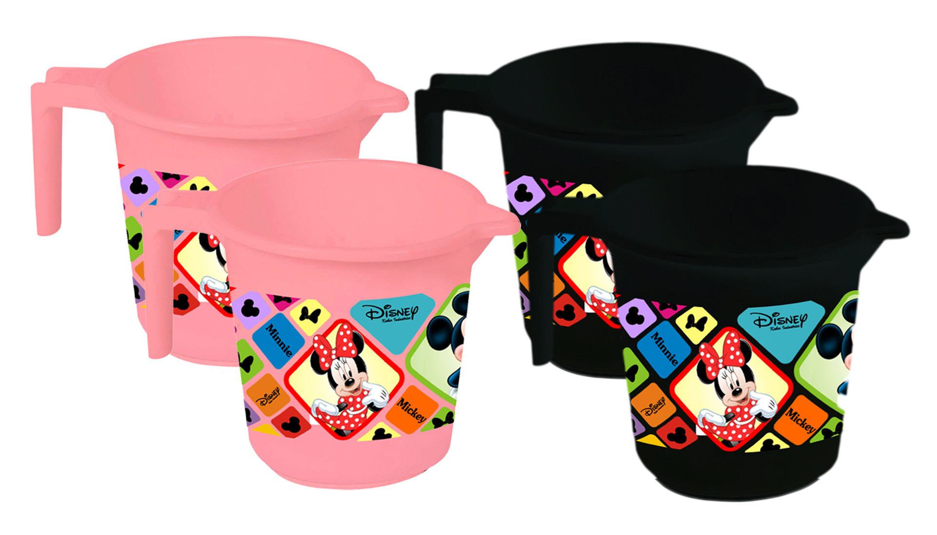 Kuber Industries Disney Mickey Minnie Print 4 Pieces Unbreakable Strong Plastic Bathroom Mug,500 ML (Pink & Black) -HS_35_KUBMART17575