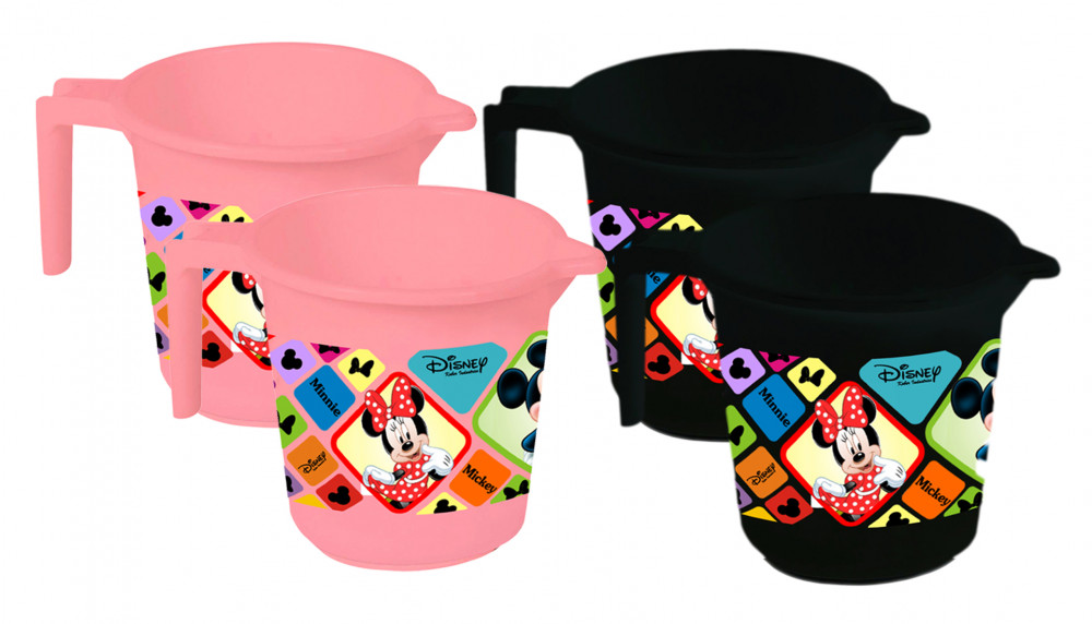 Kuber Industries Disney Mickey Minnie Print 4 Pieces Unbreakable Strong Plastic Bathroom Mug,500 ML (Pink &amp; Black) -HS_35_KUBMART17575