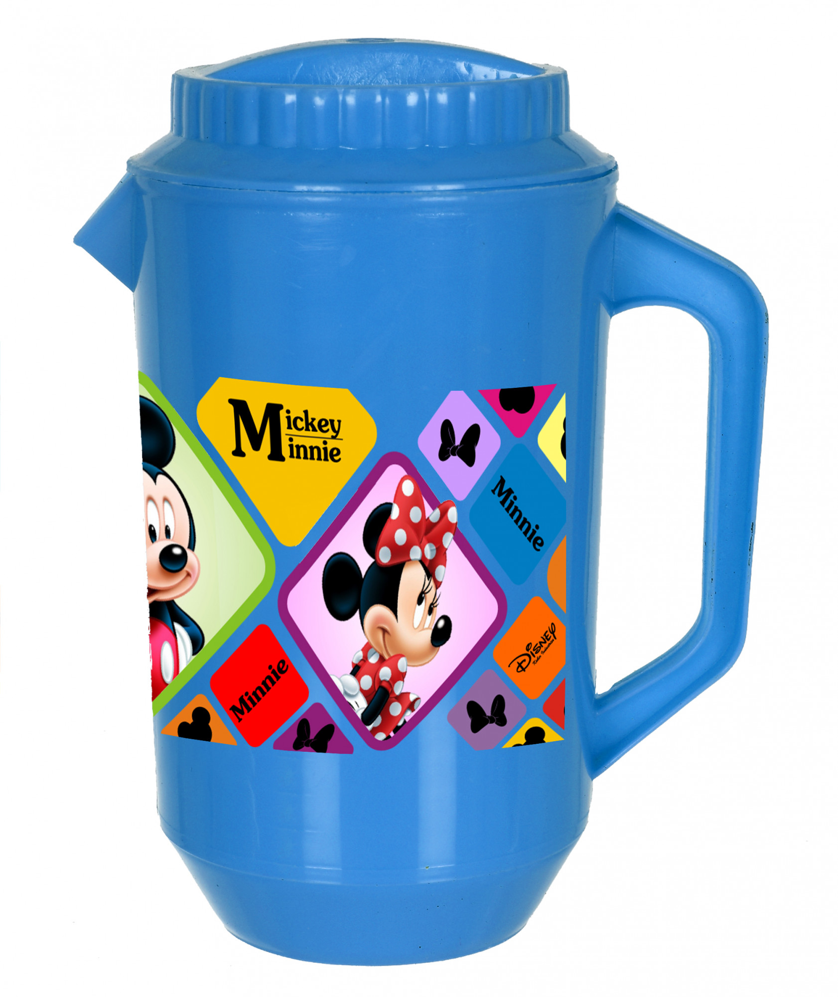 Kuber Industries Disney Mickey Minnie Print Unbreakable Multipurpose Plastic Water & Juice Jug With Lid,2 Ltr (Set of 3,Pink & Blue & White)