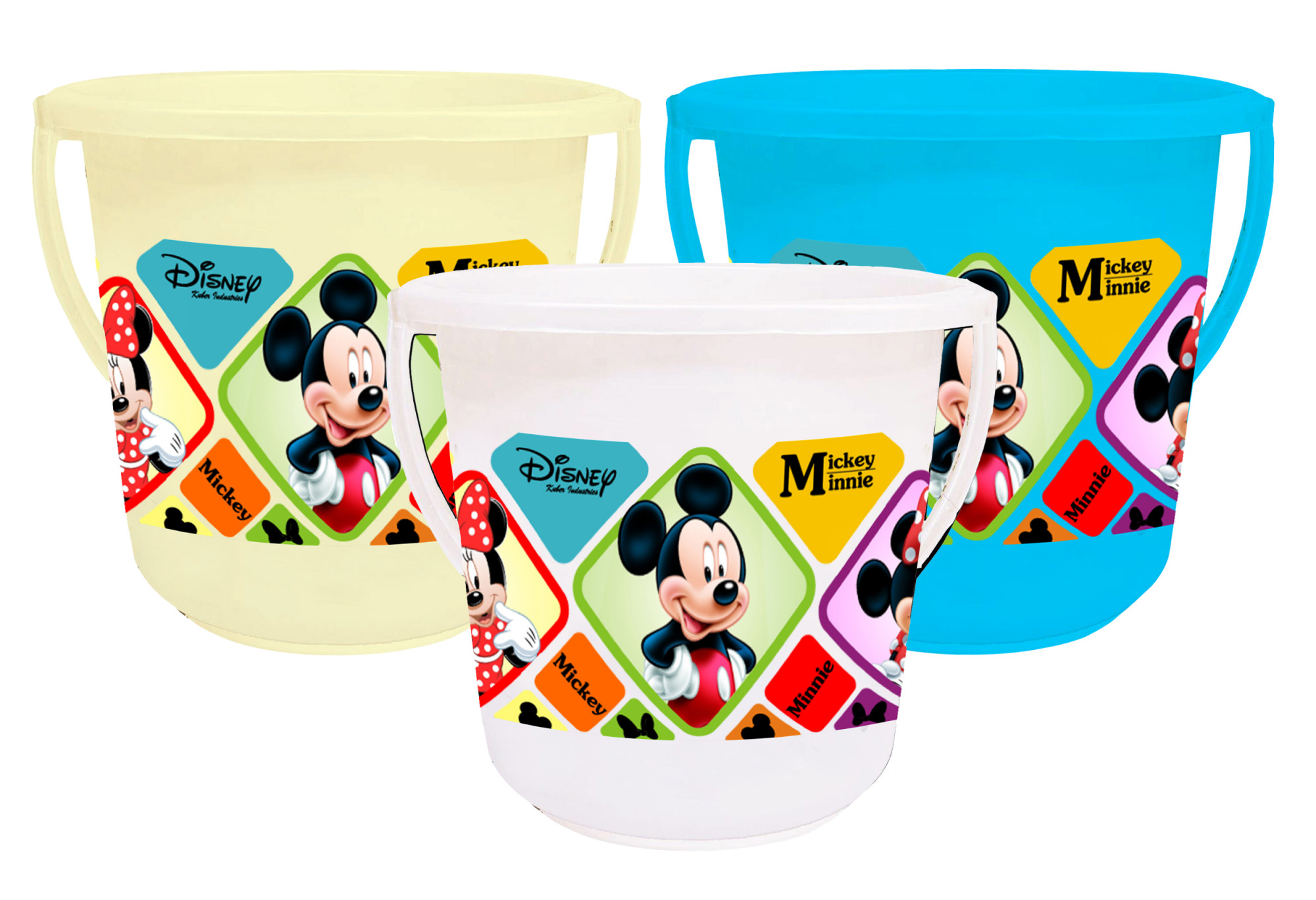 Kuber Industries Disney Mickey Minnie Print Unbreakable Virgin Plastic Strong Bathroom Bucket ,16 LTR (Cream & Blue & White)-Pack of 3 -HS_35_KUBMART17875