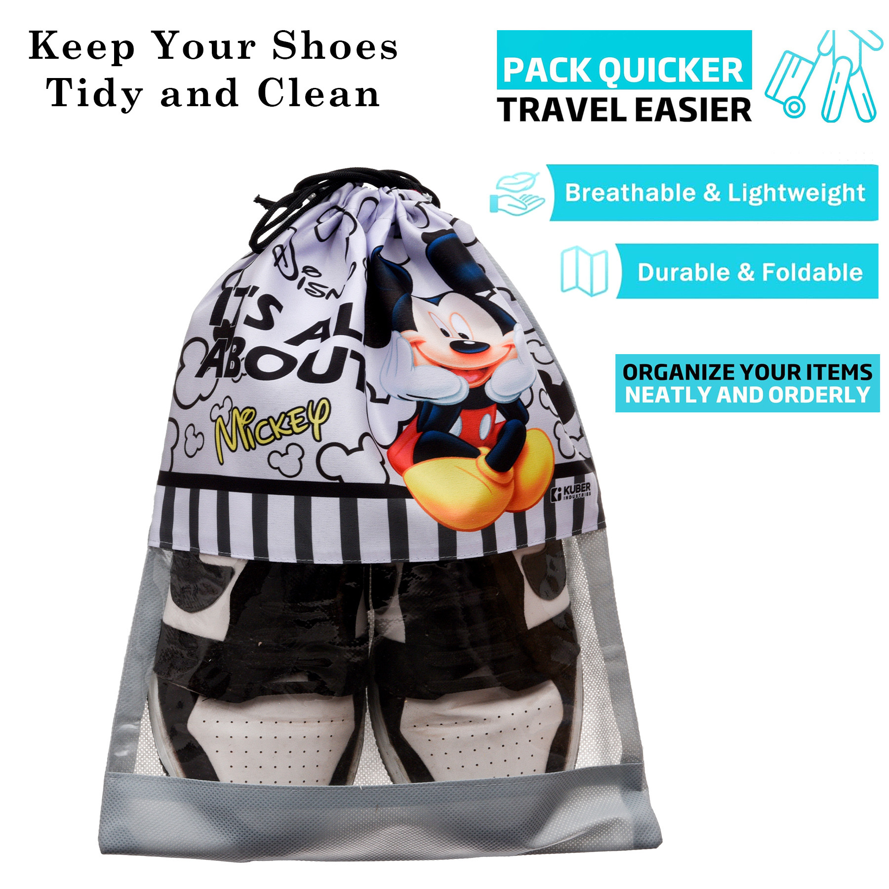 Kuber Industries Disney Mickey Shoe Cover | Travel Shoe Storage Bags | Polyester Storage Bag | Drawstring Shoe Cover | Shoe Organizer with Clear window |Gray