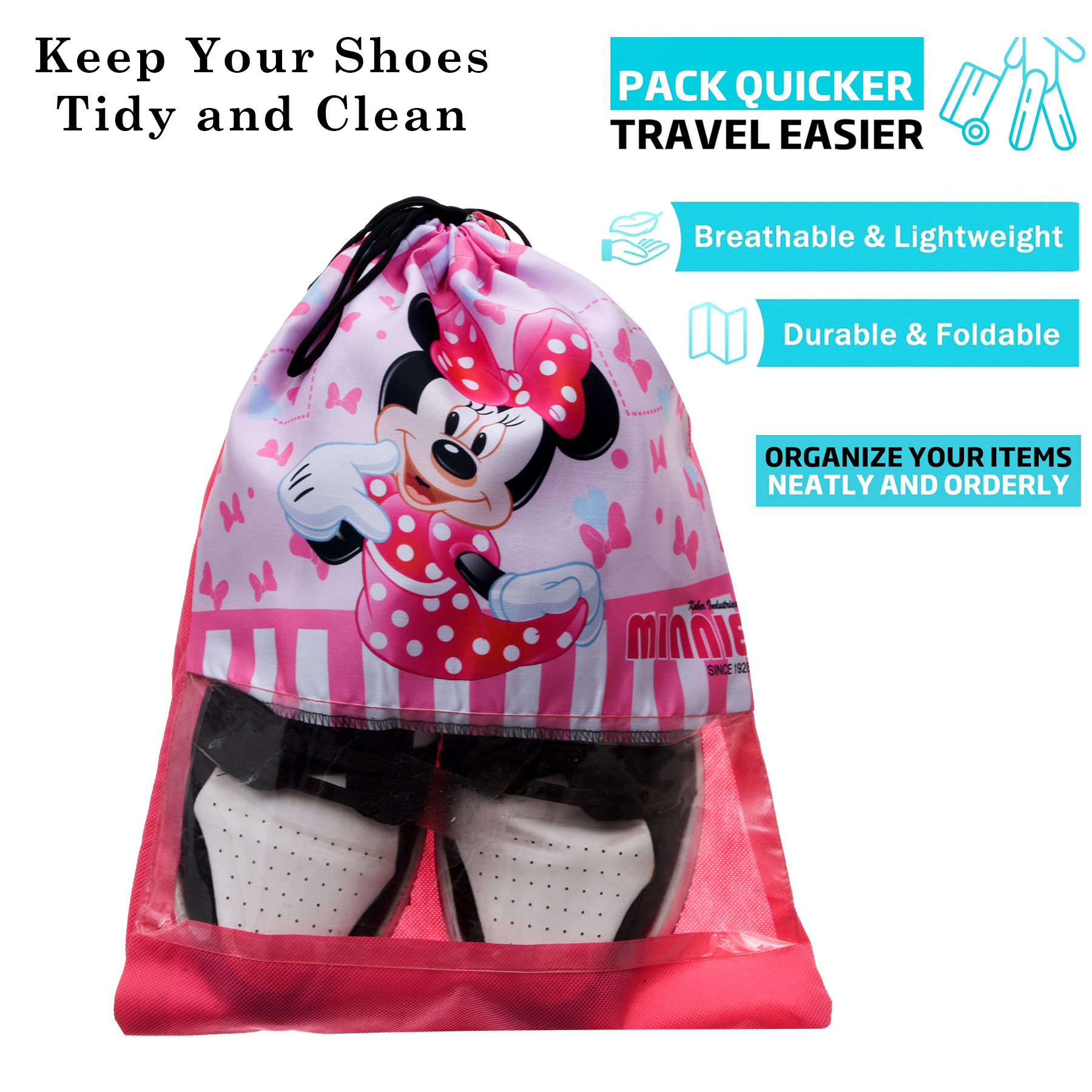 Kuber Industries Disney Minnie Shoe Cover | Travel Shoe Storage Bags | Polyester Storage Bag | Drawstring Shoe Cover | Shoe Organizer with Clear window |Pink