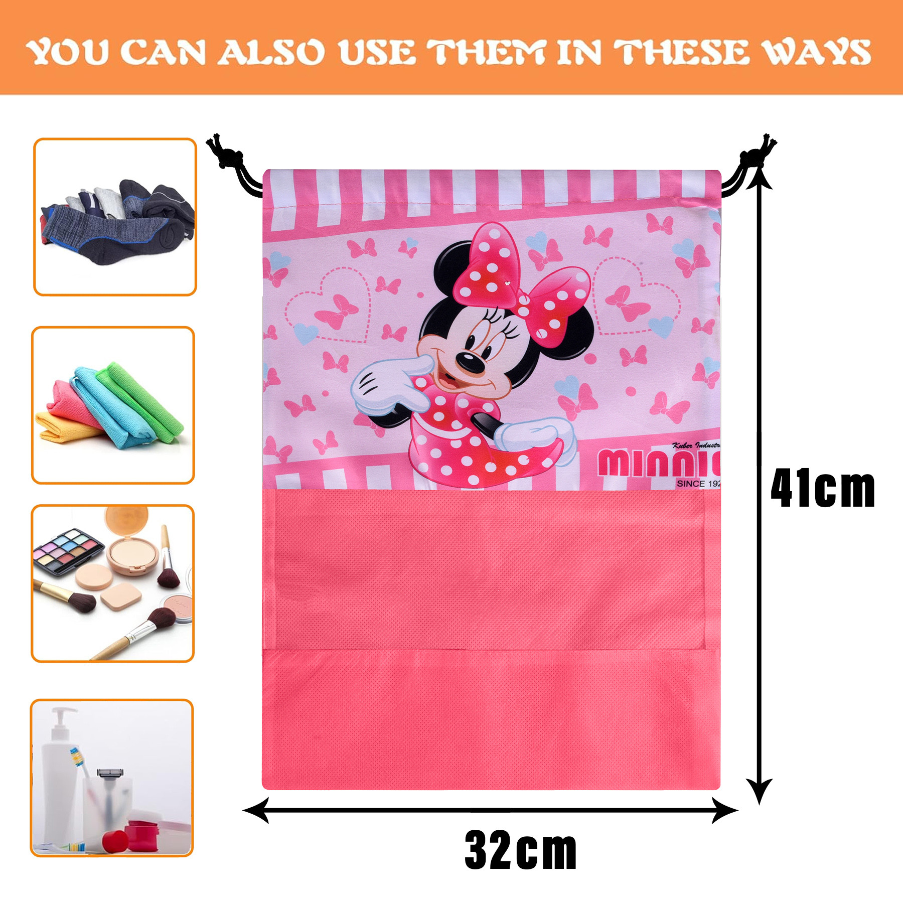 Kuber Industries Disney Minnie Shoe Cover | Travel Shoe Storage Bags | Polyester Storage Bag | Drawstring Shoe Cover | Shoe Organizer with Clear window |Pink