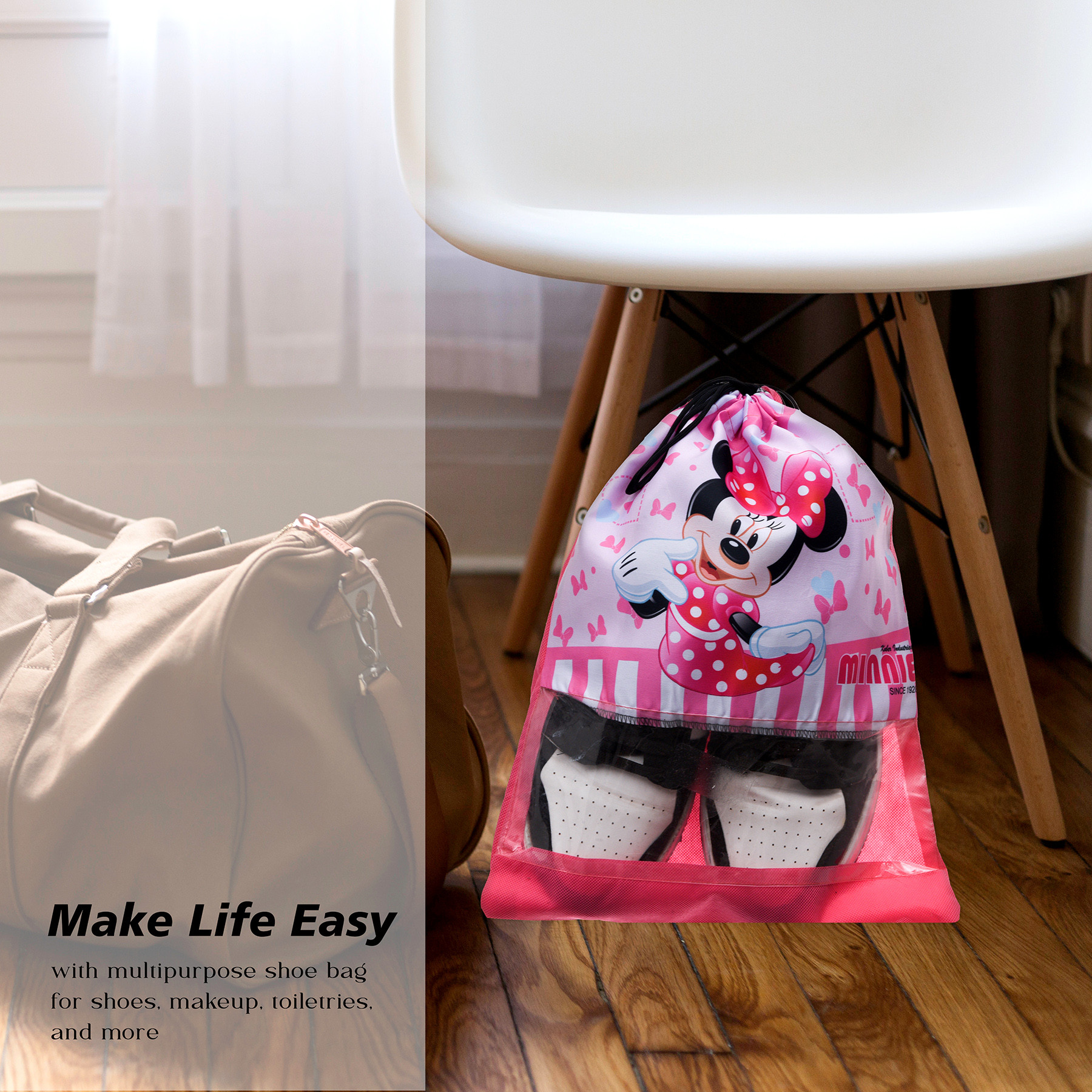 Kuber Industries Disney Minnie Shoe Cover | Travel Shoe Storage Bags | Polyester Storage Bag | Drawstring Shoe Cover | Shoe Organizer with Clear window |Pink