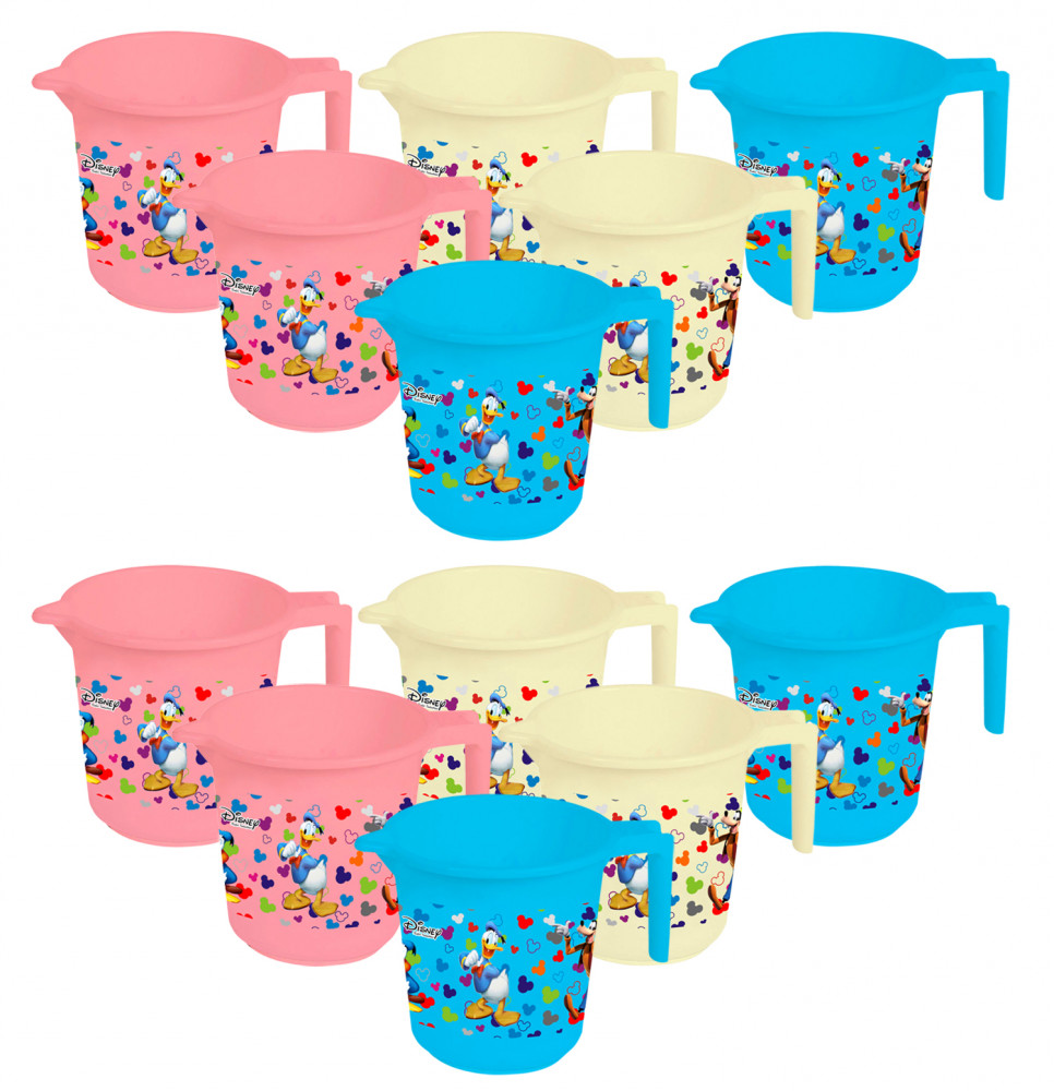 Kuber Industries Disney Team Mickey Print 12 Pieces Unbreakable Strong Plastic Bathroom Mug,500 ML (Pink &amp; Cream &amp; Blue) -HS_35_KUBMART17235