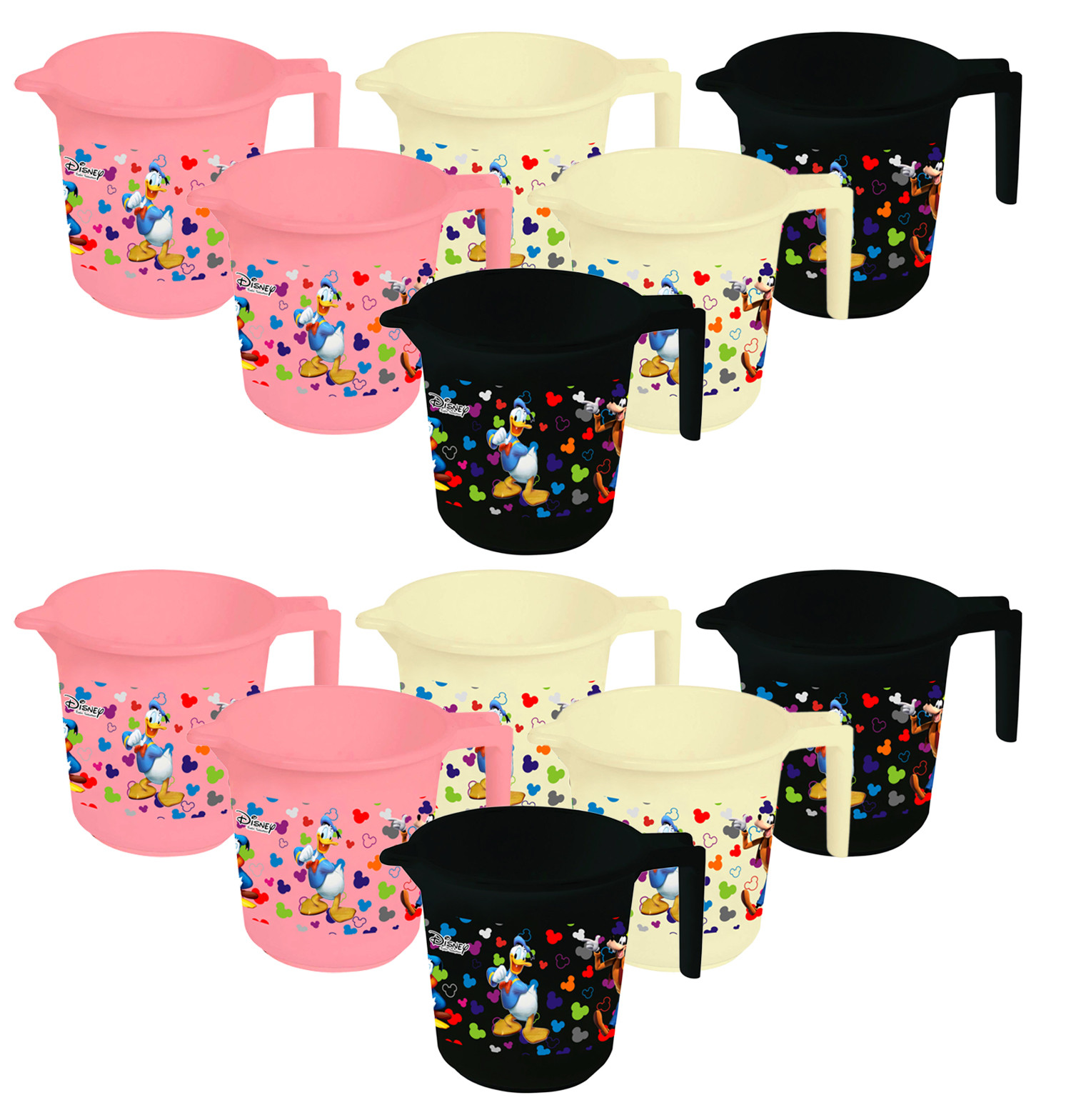 Kuber Industries Disney Team Mickey Print 12 Pieces Unbreakable Strong Plastic Bathroom Mug,500 ML (Pink & Cream & Black) -HS_35_KUBMART17237