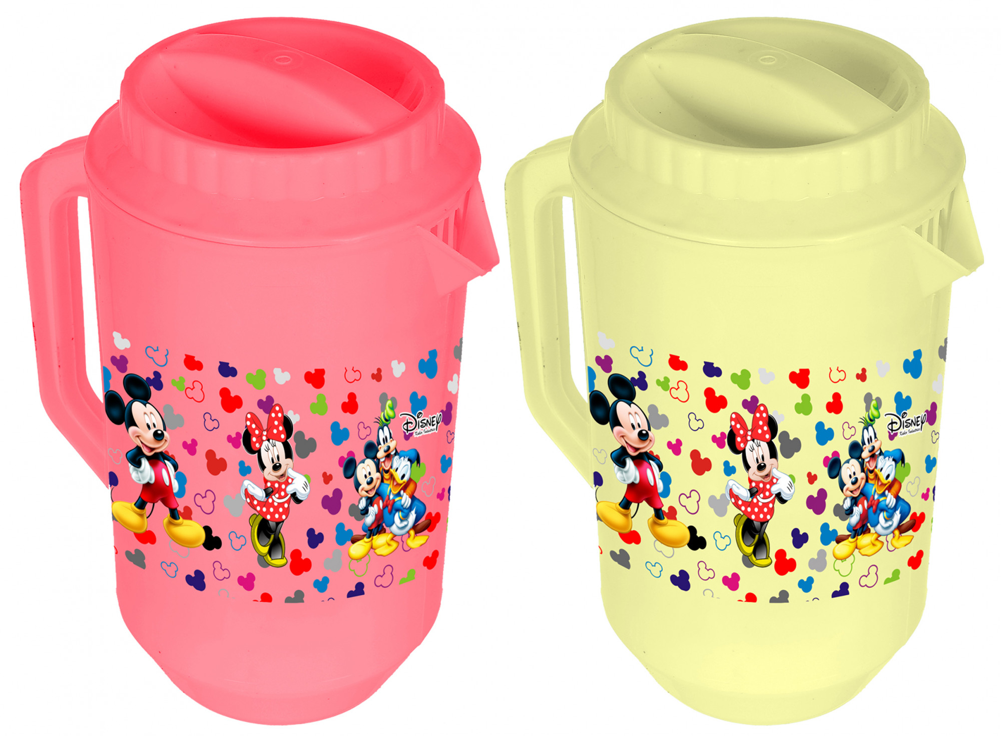 Kuber Industries Disney Team Mickey Print Unbreakable Multipurpose Plastic Water & Juice Jug With Lid,2 Ltr (Set Of 2, Pink & Cream)