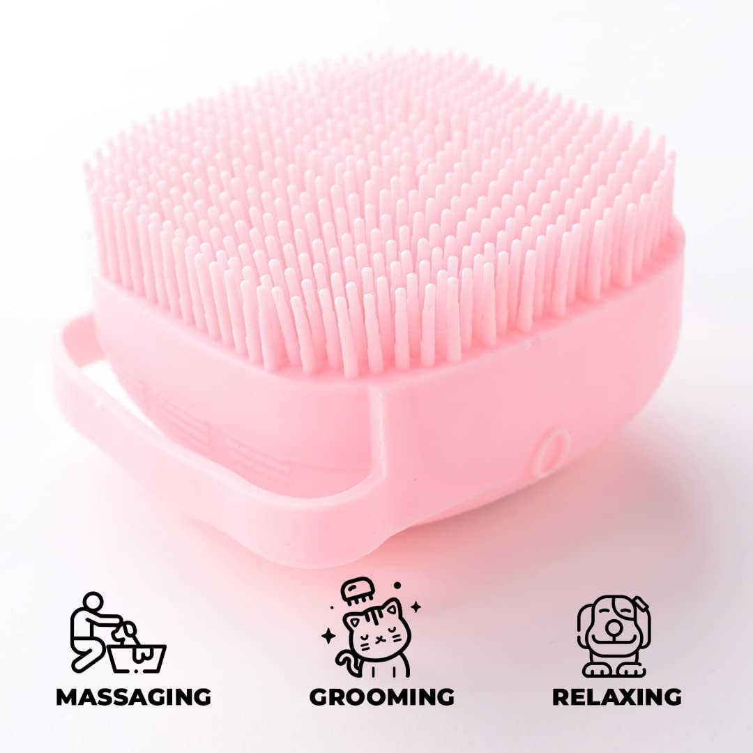Kuber Industries Dog Brush with Shampoo Container|Cat & Dog Bath Brush for Bathing|Exfoliating|Scrubbing|Massaging & Relaxing|Soft Silicone|Suitable for All Pets|PT230R|Red